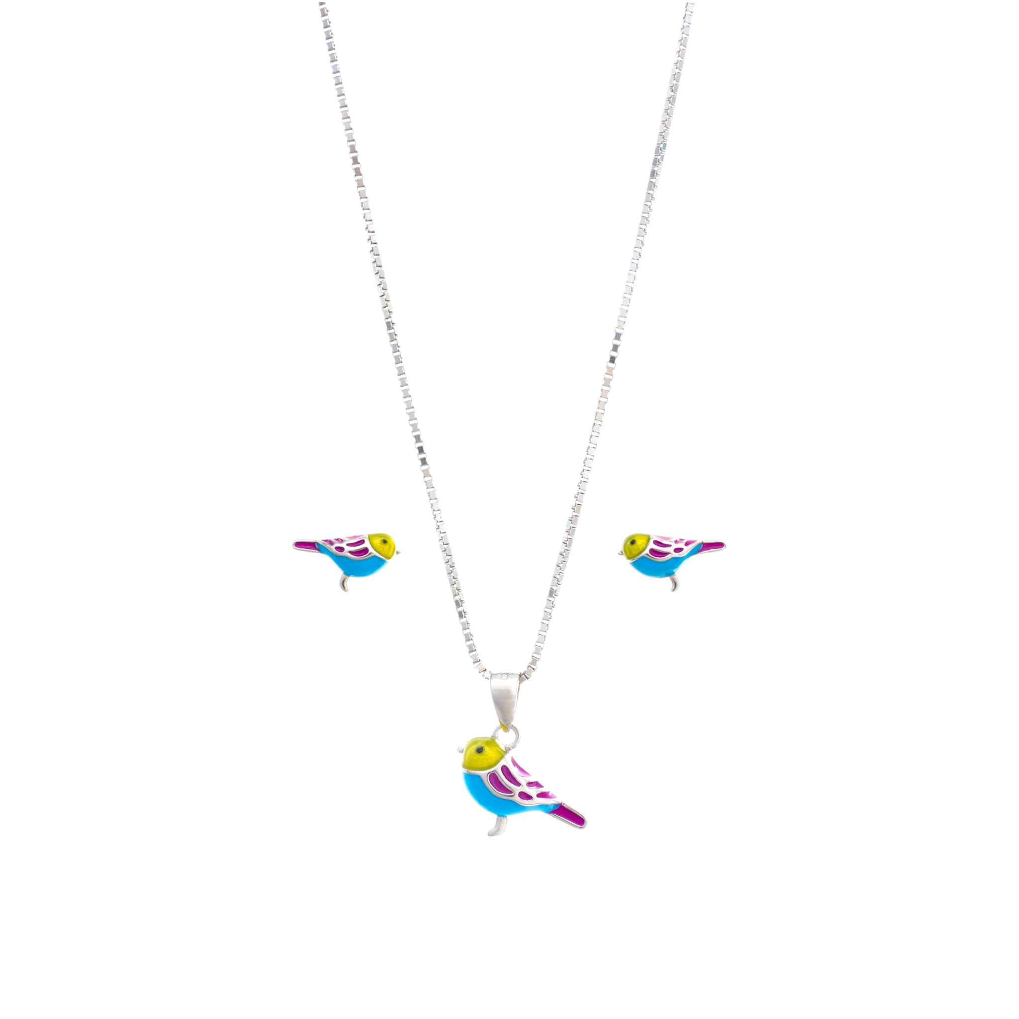 A silver box chain necklace featuring a small enameled bird pendant detailed in bright yellow, turquoise blue, and magenta colors.