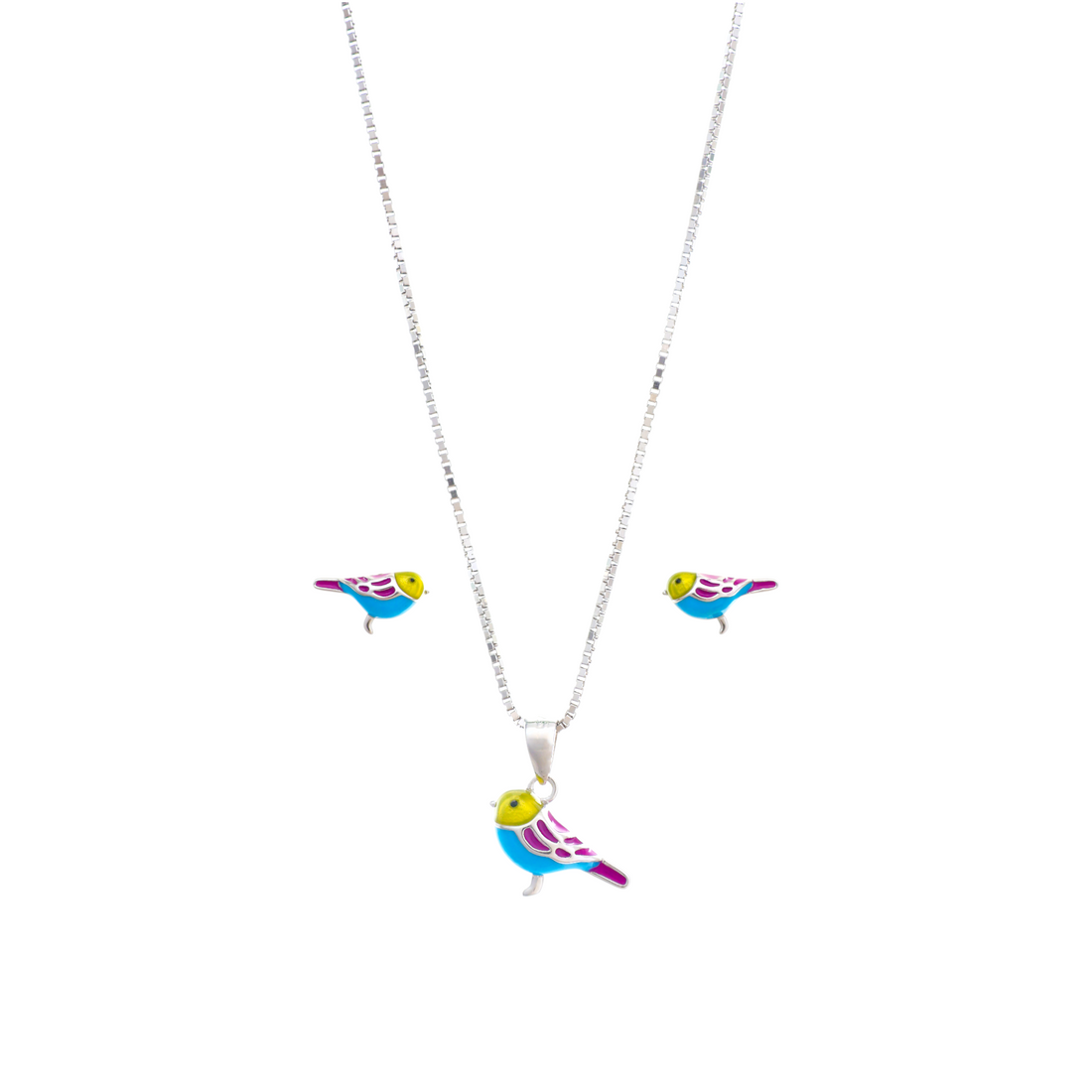 A silver box chain necklace featuring a small enameled bird pendant detailed in bright yellow, turquoise blue, and magenta colors.