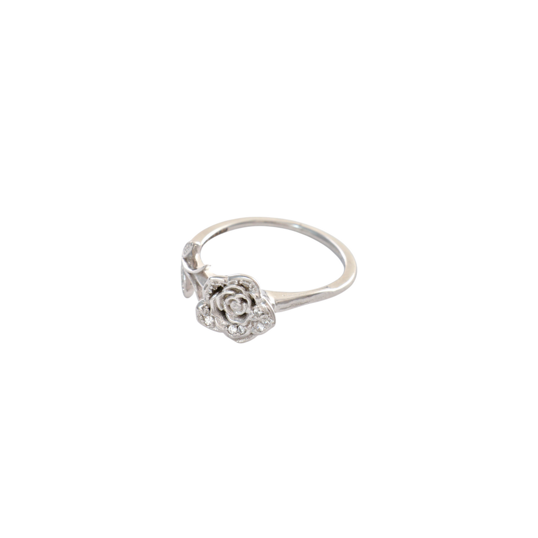 Sculpted sterling silver rose flower on a leafy stem band with cz accents.