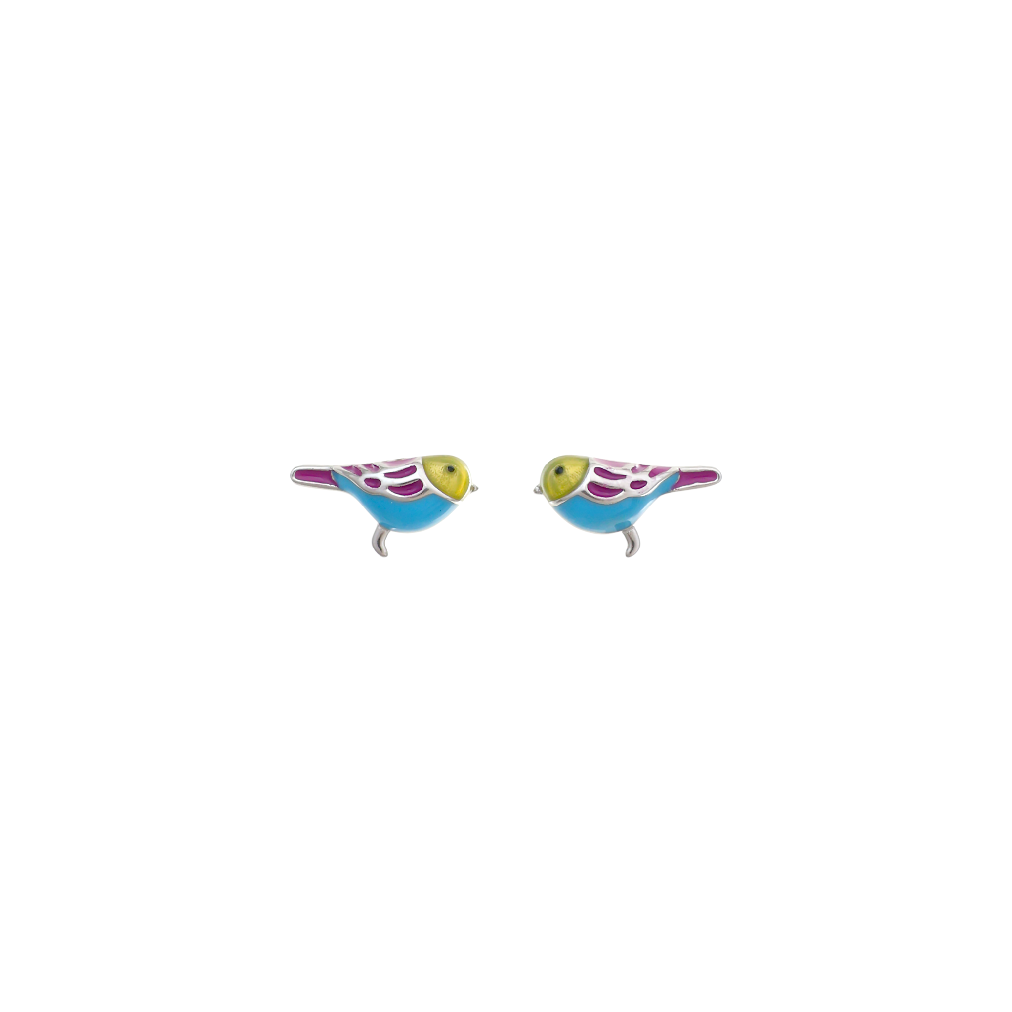 A silver box chain necklace featuring a small enameled bird pendant detailed in bright yellow, turquoise blue, and magenta colors.