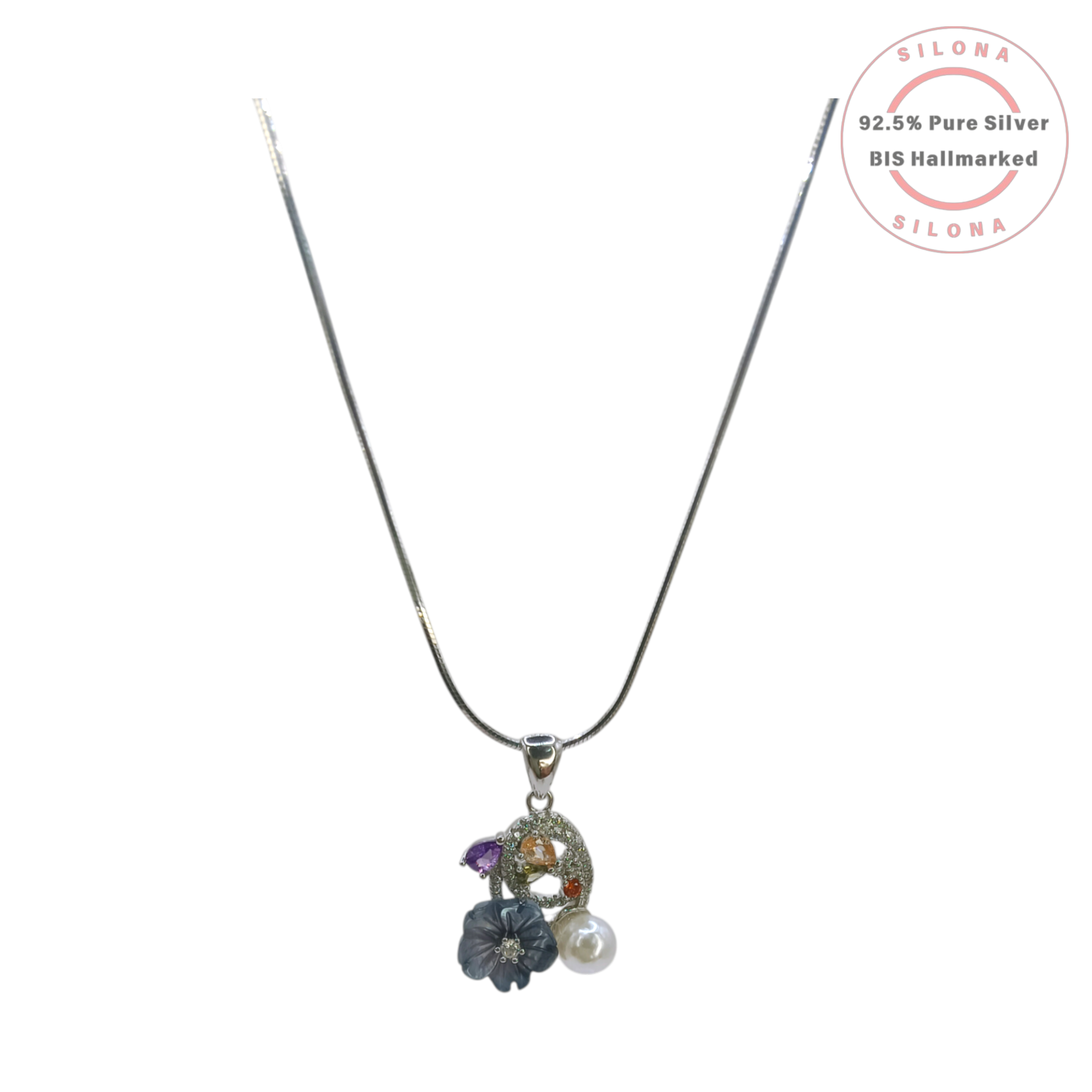Silona Couture Floral Necklace Set in 92.5 silver, featuring a pavé charm with multi-color stones, a carved grey-blue flower, and a white pearl on a silver chain.