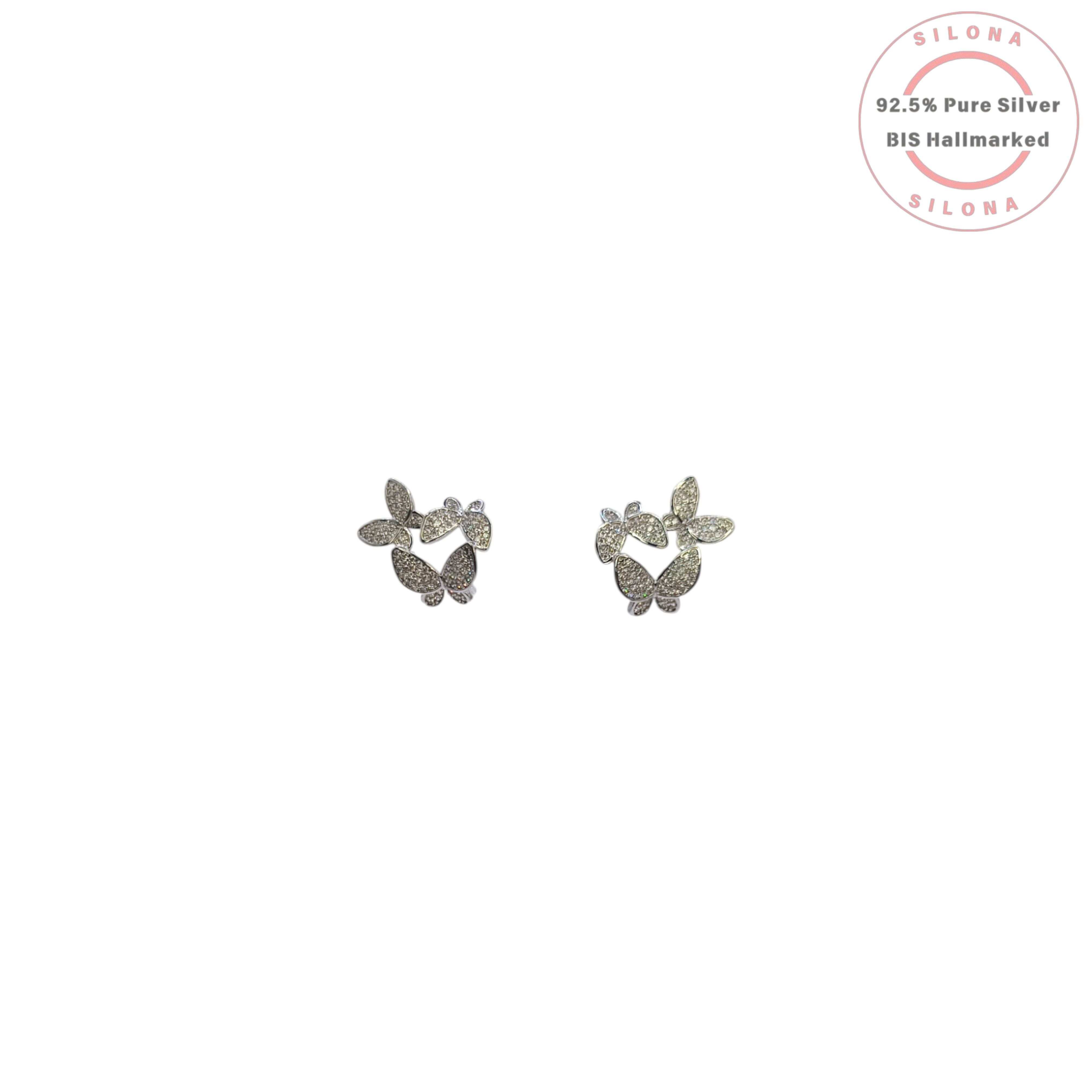 A pair of Silona's silver butterfly cluster stud earrings, pavé-set with tiny cubic zirconia stones, shown on a white background.