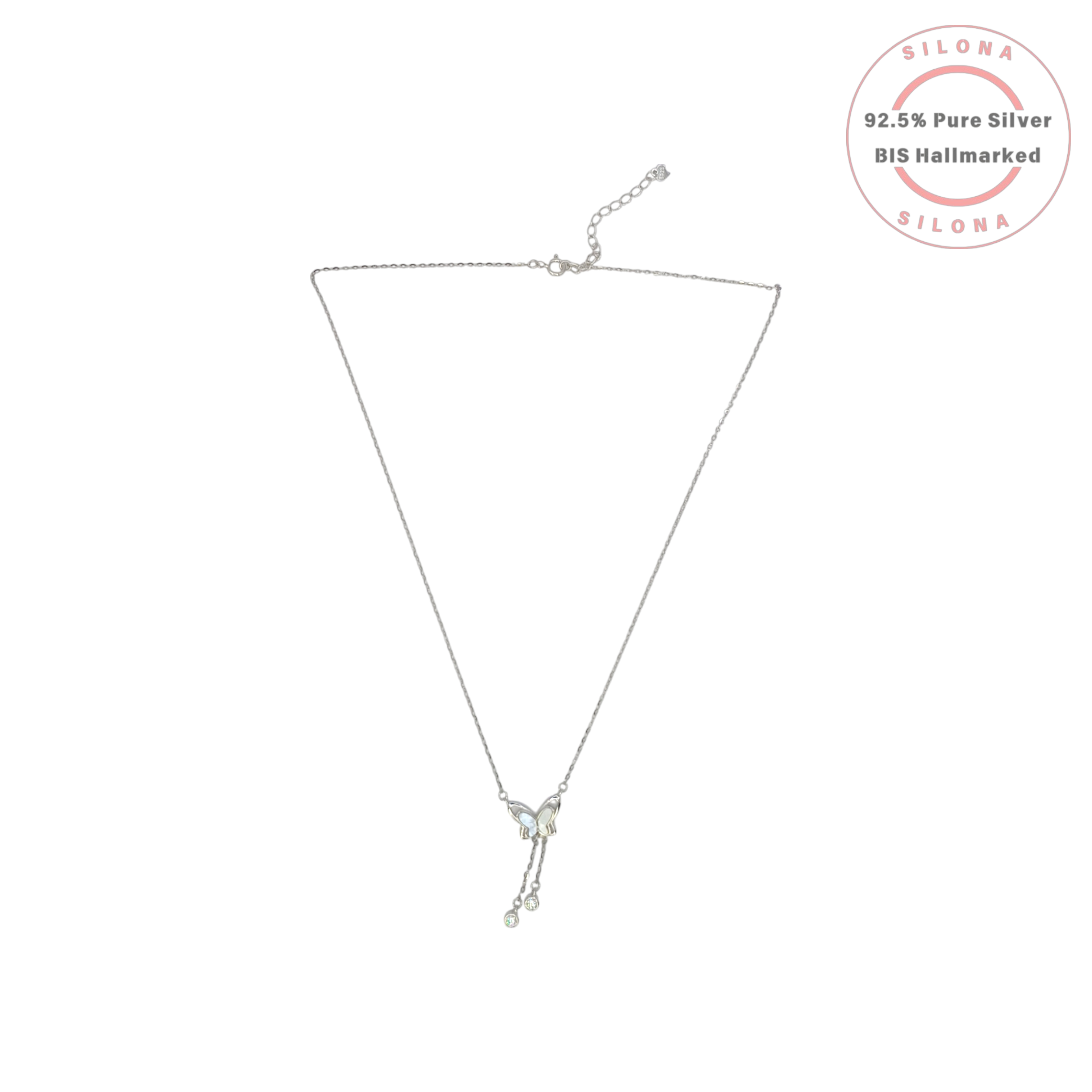 A dainty 92.5 silver necklace featuring a mother-of-pearl butterfly pendant with two dangling cubic zirconia tassels, on a clean white background.