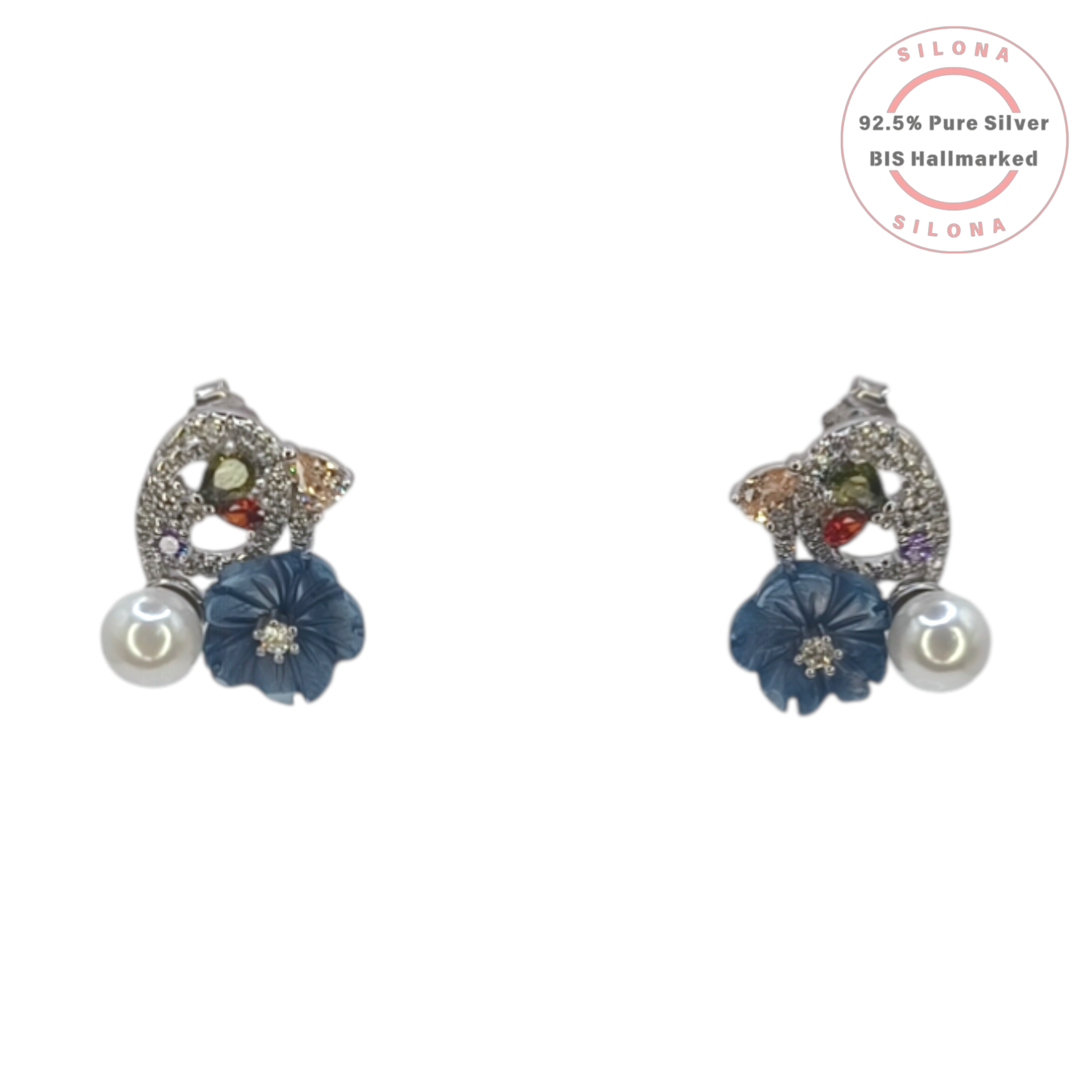 Silona Couture Floral Necklace Set in 92.5 silver, featuring a pavé charm with multi-color stones, a carved grey-blue flower, and a white pearl on a silver chain.