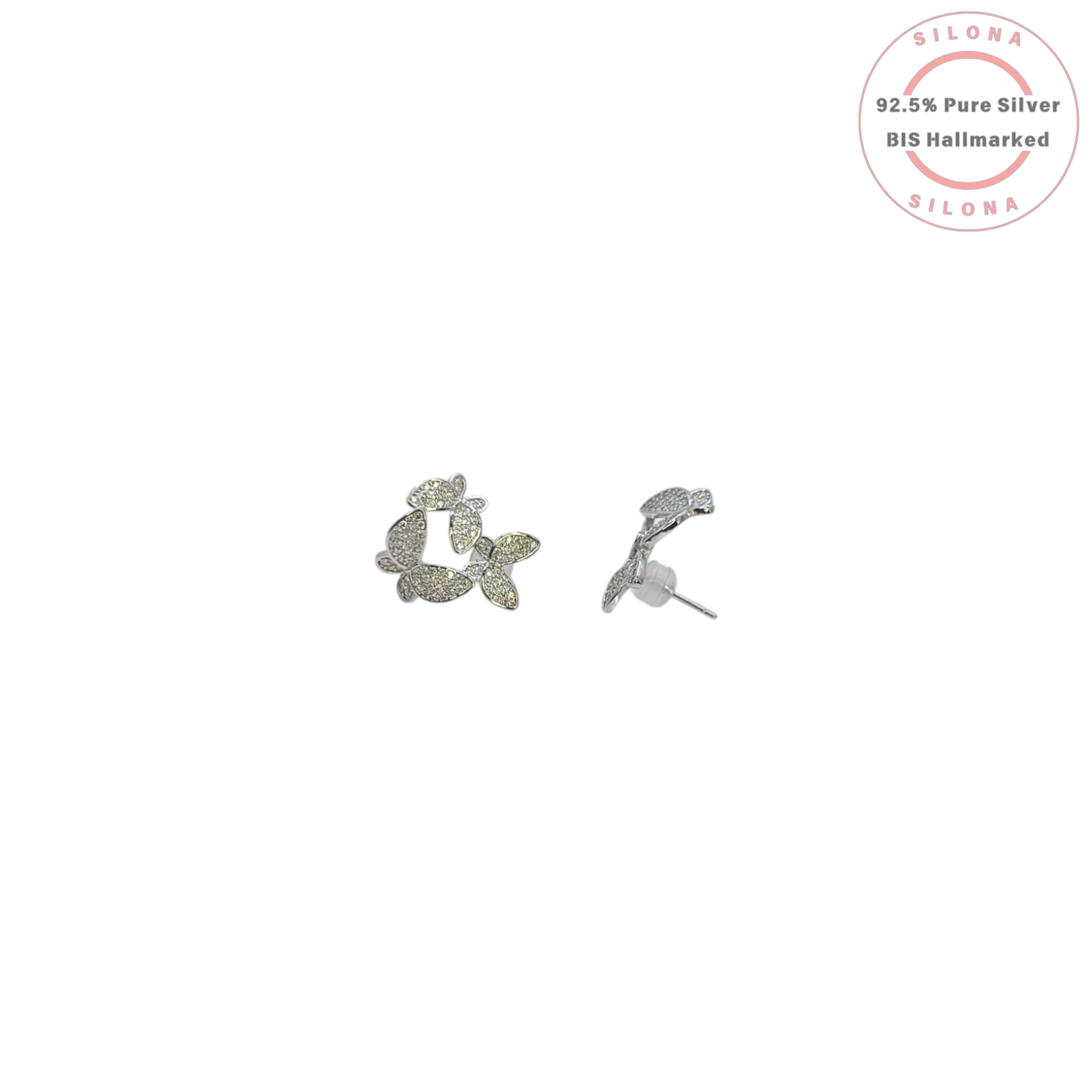 A pair of Silona's silver butterfly cluster stud earrings, pavé-set with tiny cubic zirconia stones, shown on a white background.