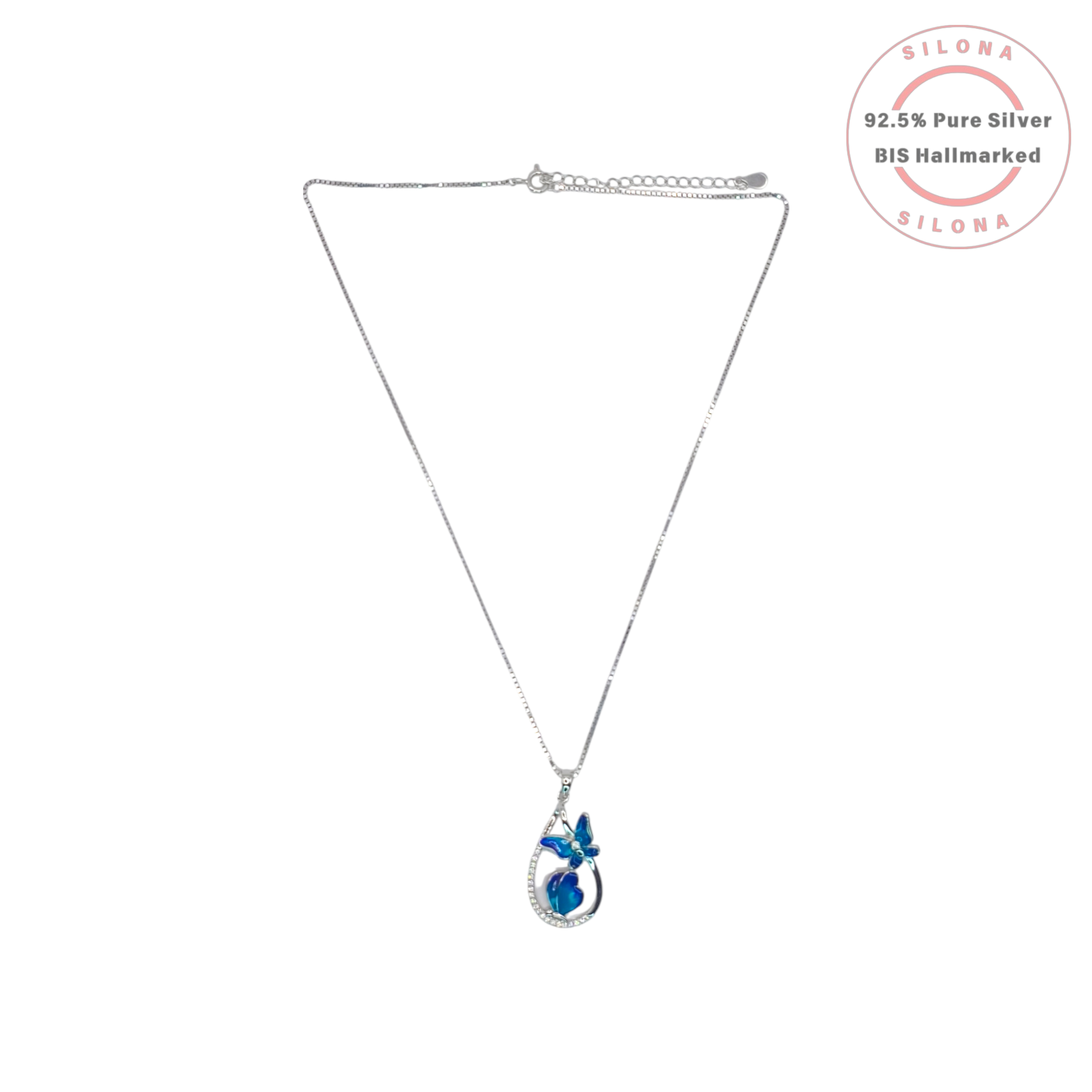 Silona Azure Butterfly & Heart Pendant Necklace in 92.5 silver, featuring blue enamel motifs and a cubic zirconia encrusted teardrop loop on a box chain.