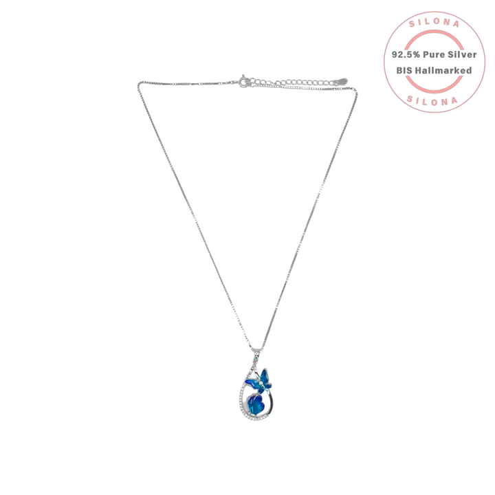 Silona Azure Butterfly & Heart Pendant Necklace in 92.5 silver, featuring blue enamel motifs and a cubic zirconia encrusted teardrop loop on a box chain.