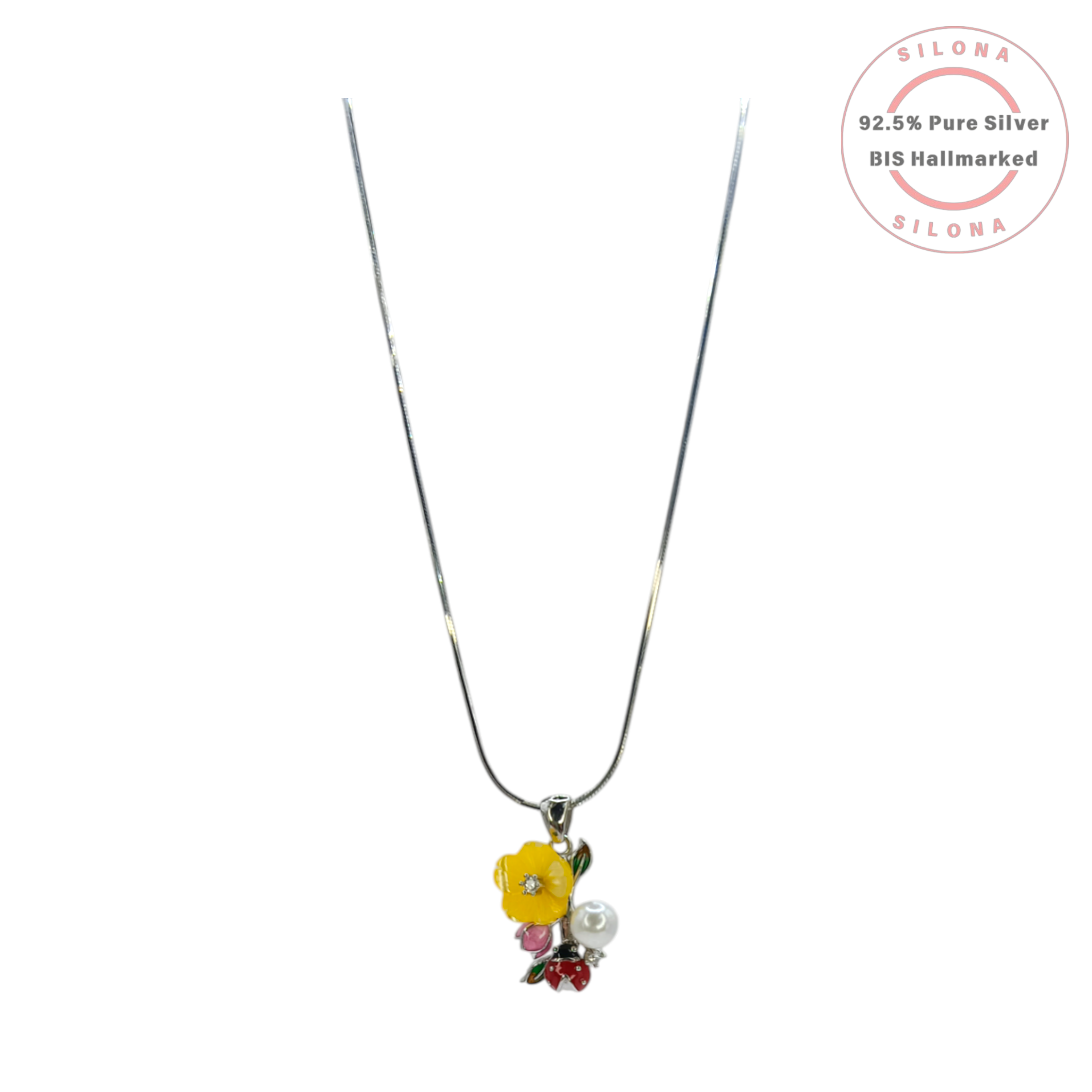 Silona Whimsical Garden Bloom Pearl Necklace featuring a colorful enamel floral, ladybug, and pearl pendant on a 92.5 silver snake chain.