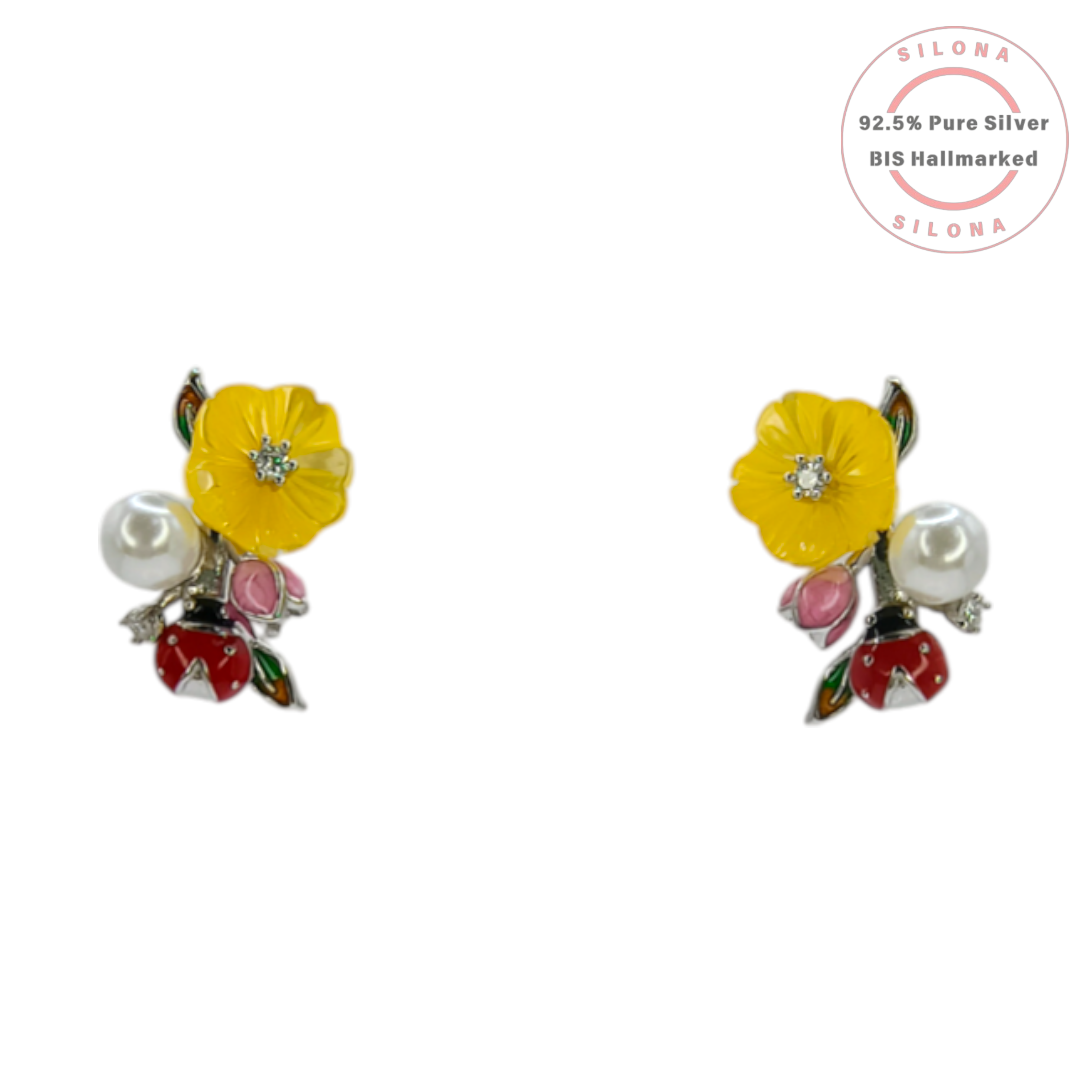 Silona Whimsical Garden Bloom Pearl Necklace featuring a colorful enamel floral, ladybug, and pearl pendant on a 92.5 silver snake chain.