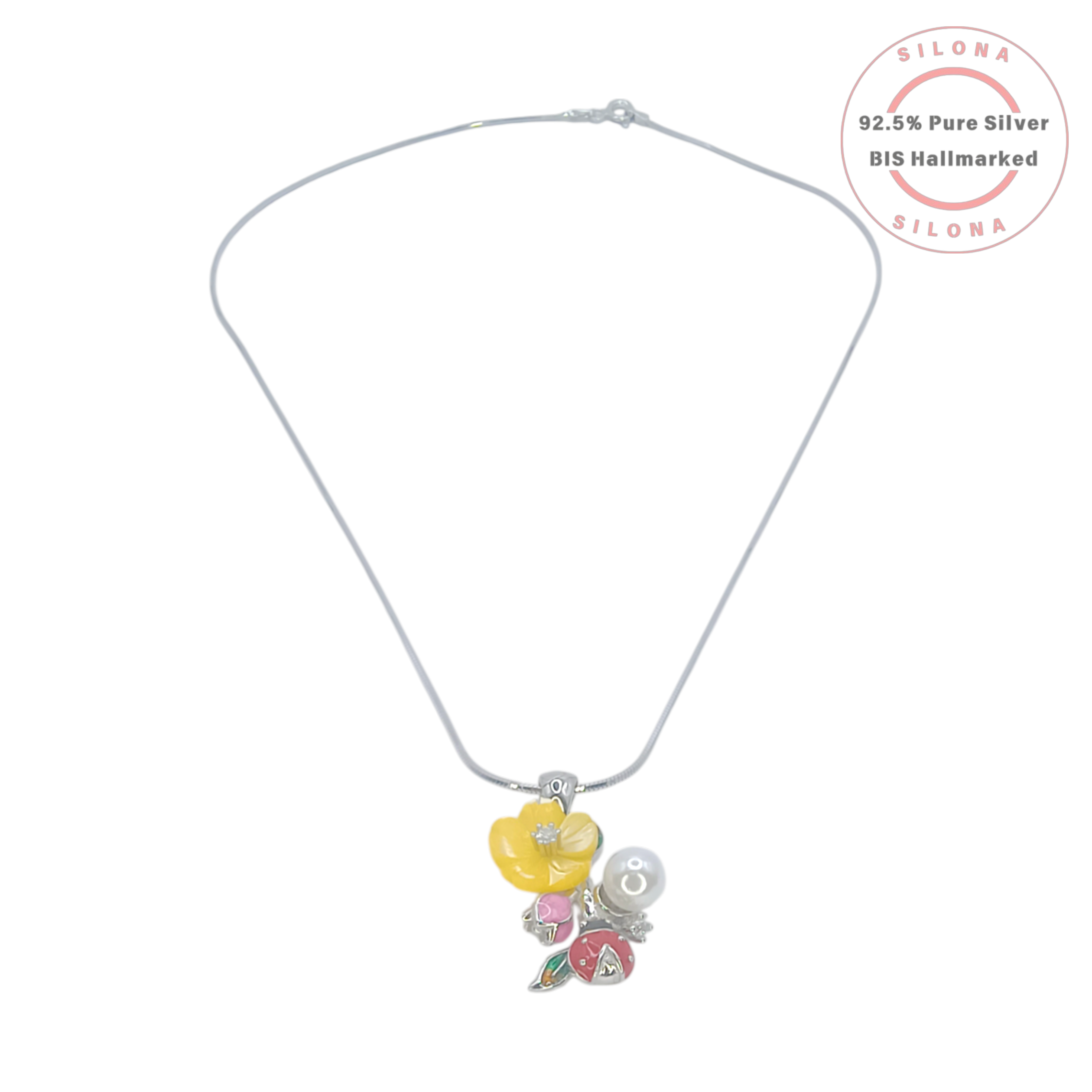 Silona Whimsical Garden Bloom Pearl Necklace featuring a colorful enamel floral, ladybug, and pearl pendant on a 92.5 silver snake chain.