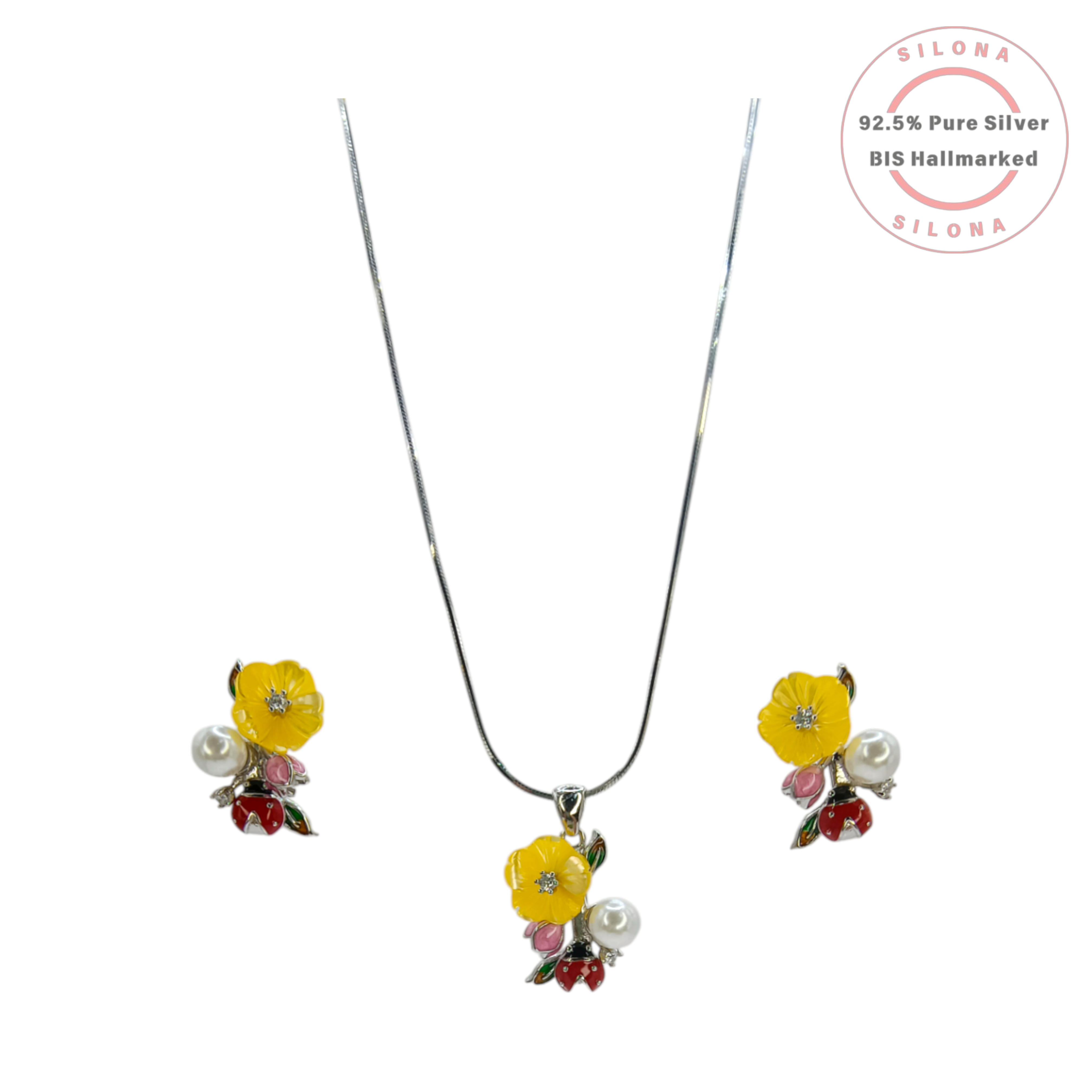 Silona Whimsical Garden Bloom Pearl Necklace featuring a colorful enamel floral, ladybug, and pearl pendant on a 92.5 silver snake chain.