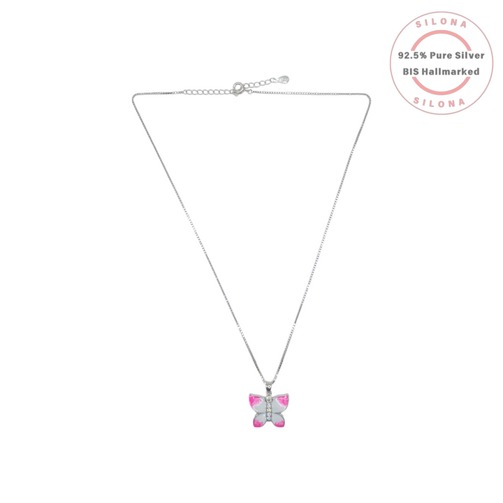 Silona Dainty Enamel Butterfly Necklace in 92.5 sterling silver, featuring a pink and white butterfly pendant with cubic zirconia, on a white background.