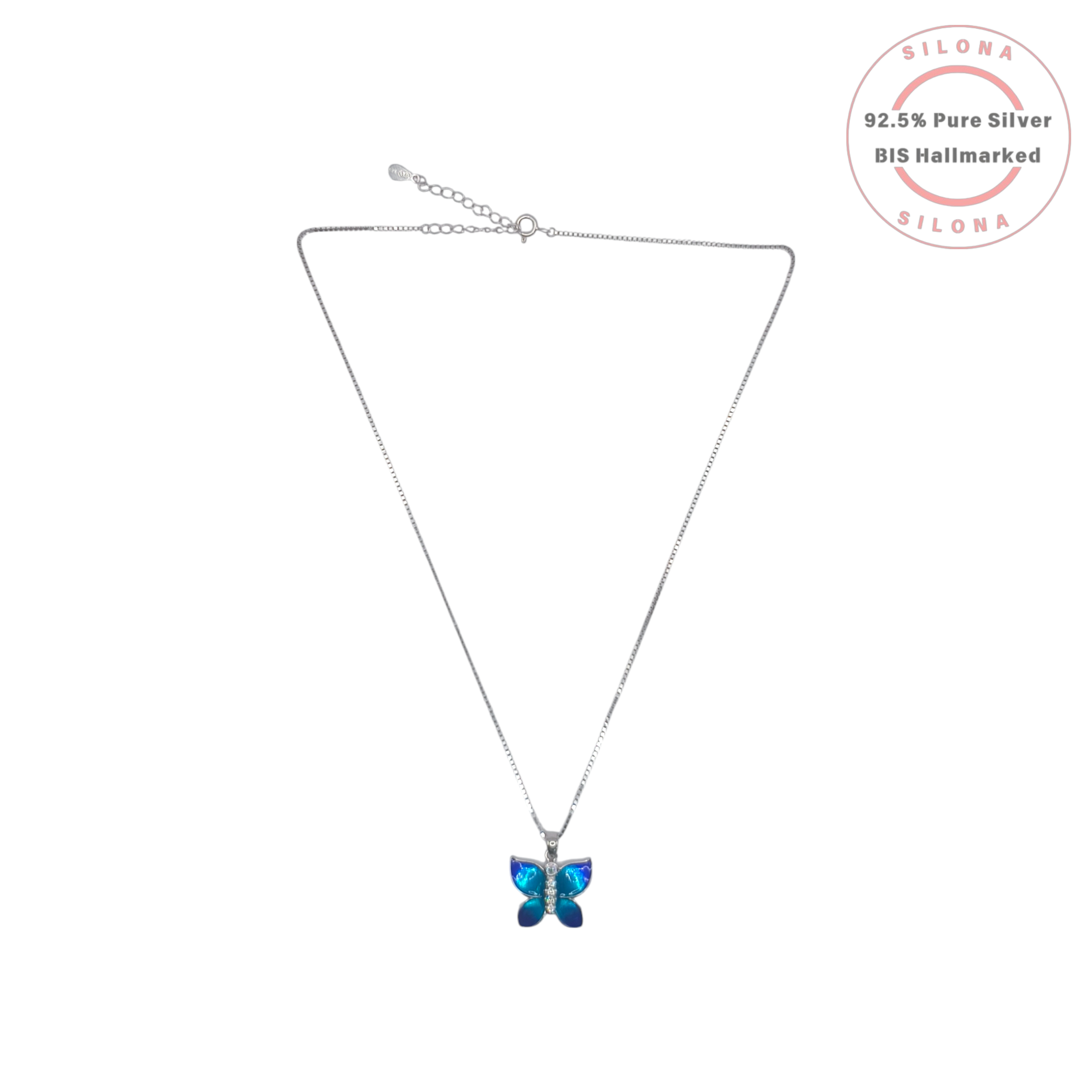 Silona's Blue Butterfly Pendant Necklace in 92.5 Silver with CZ accents on a box chain.