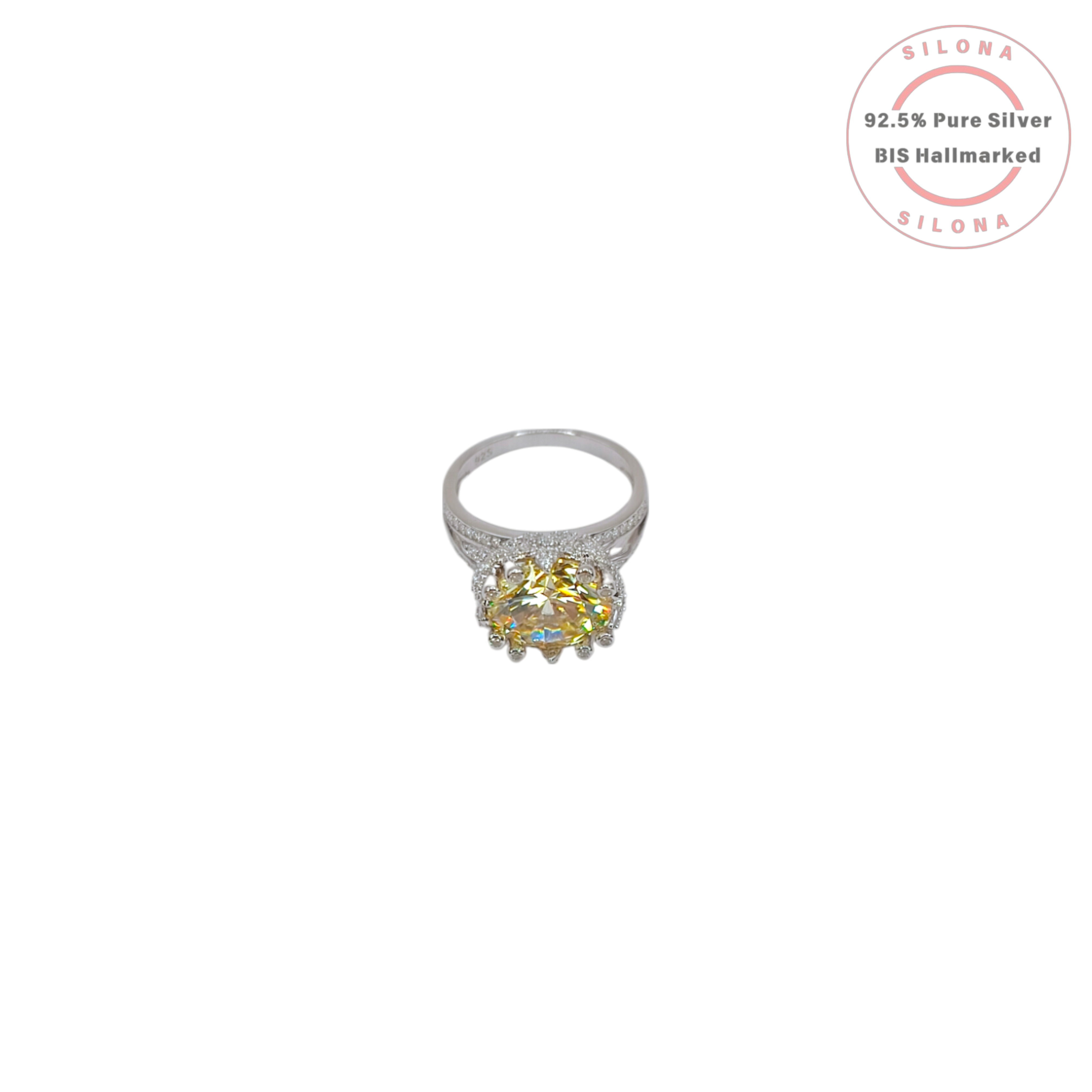 Front view of Silona's Statement Canary Solitaire Ring, showcasing a large cushion-cut yellow cubic zirconia on a pavé-set 92.5 silver band.