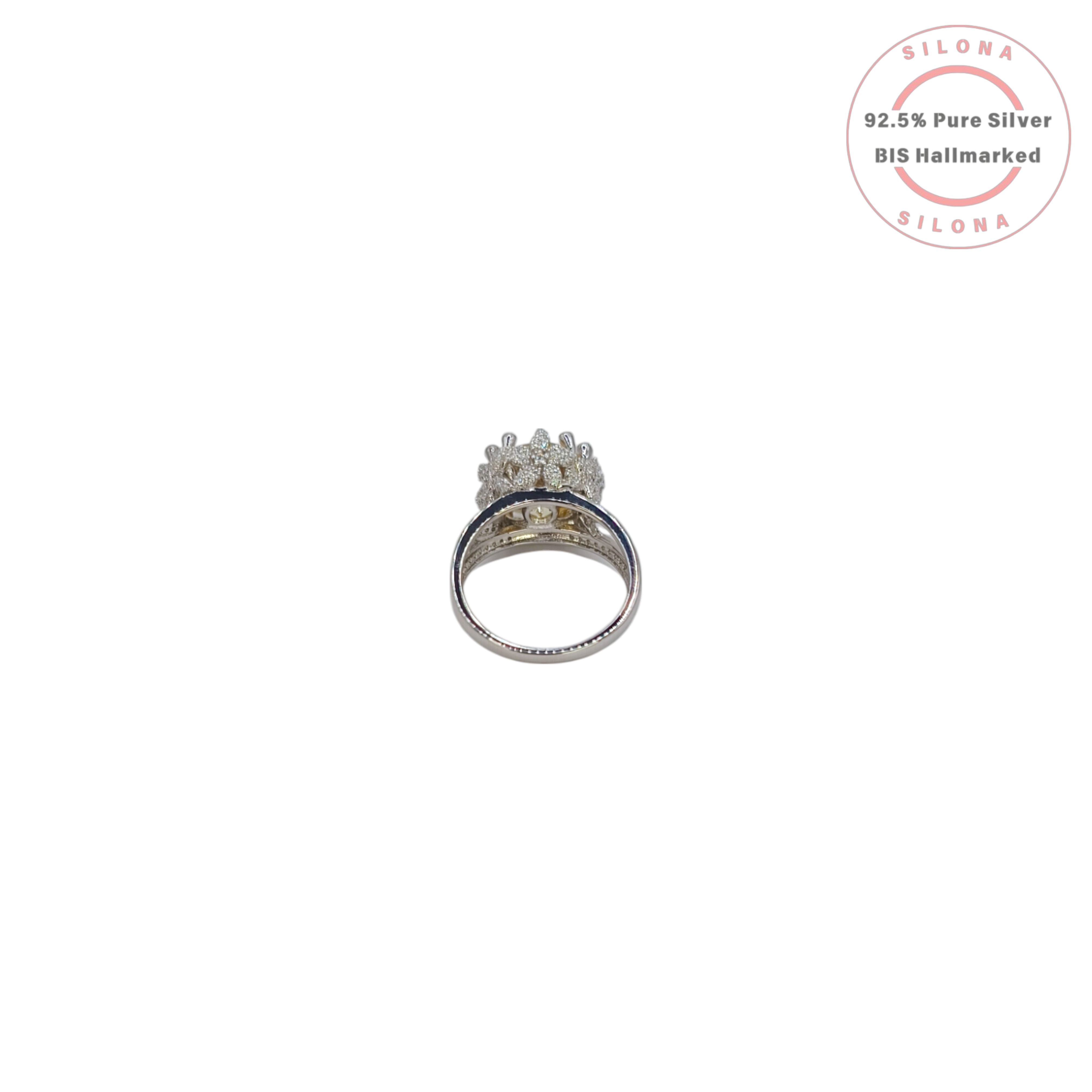 Front view of Silona's Statement Canary Solitaire Ring, showcasing a large cushion-cut yellow cubic zirconia on a pavé-set 92.5 silver band.