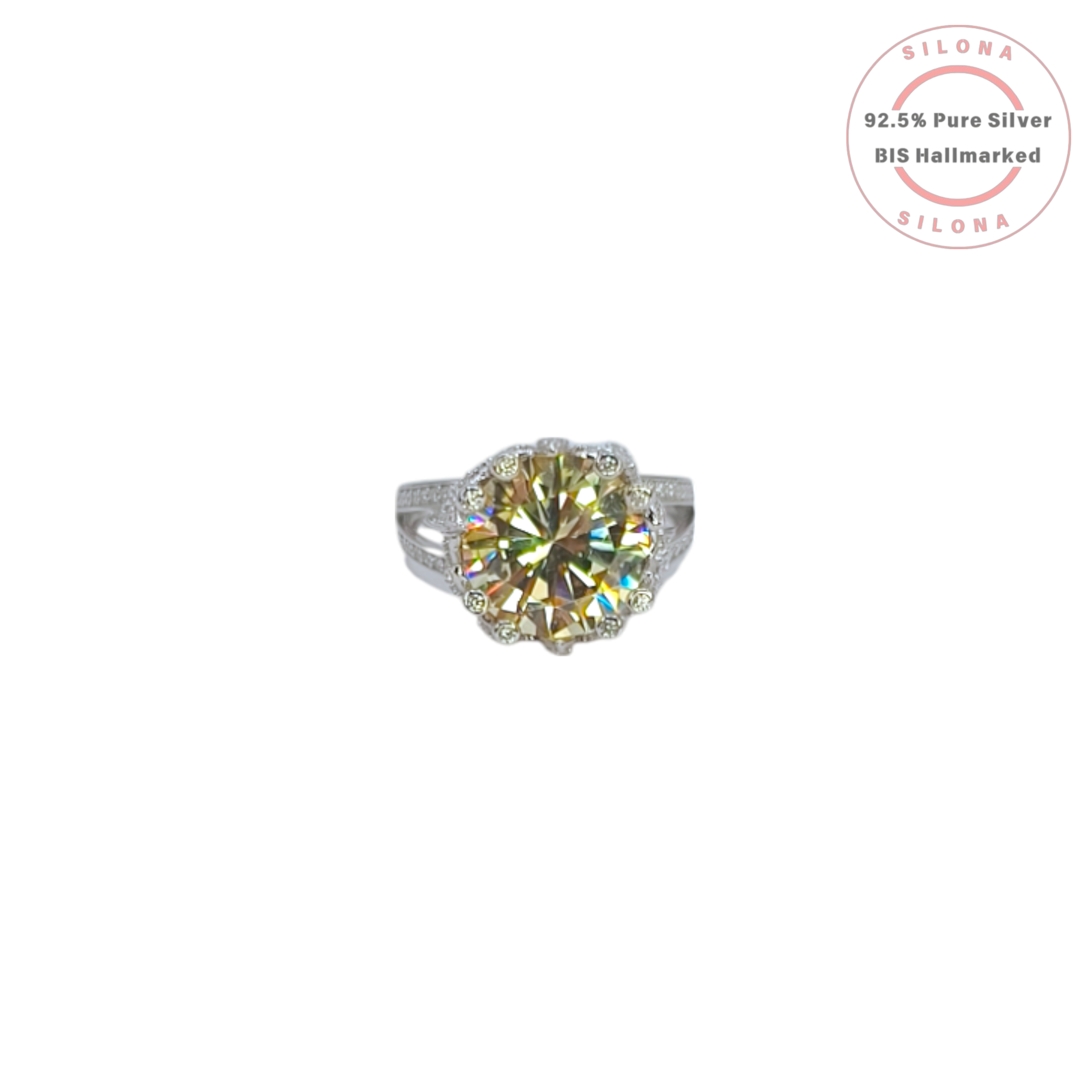 Front view of Silona's Statement Canary Solitaire Ring, showcasing a large cushion-cut yellow cubic zirconia on a pavé-set 92.5 silver band.