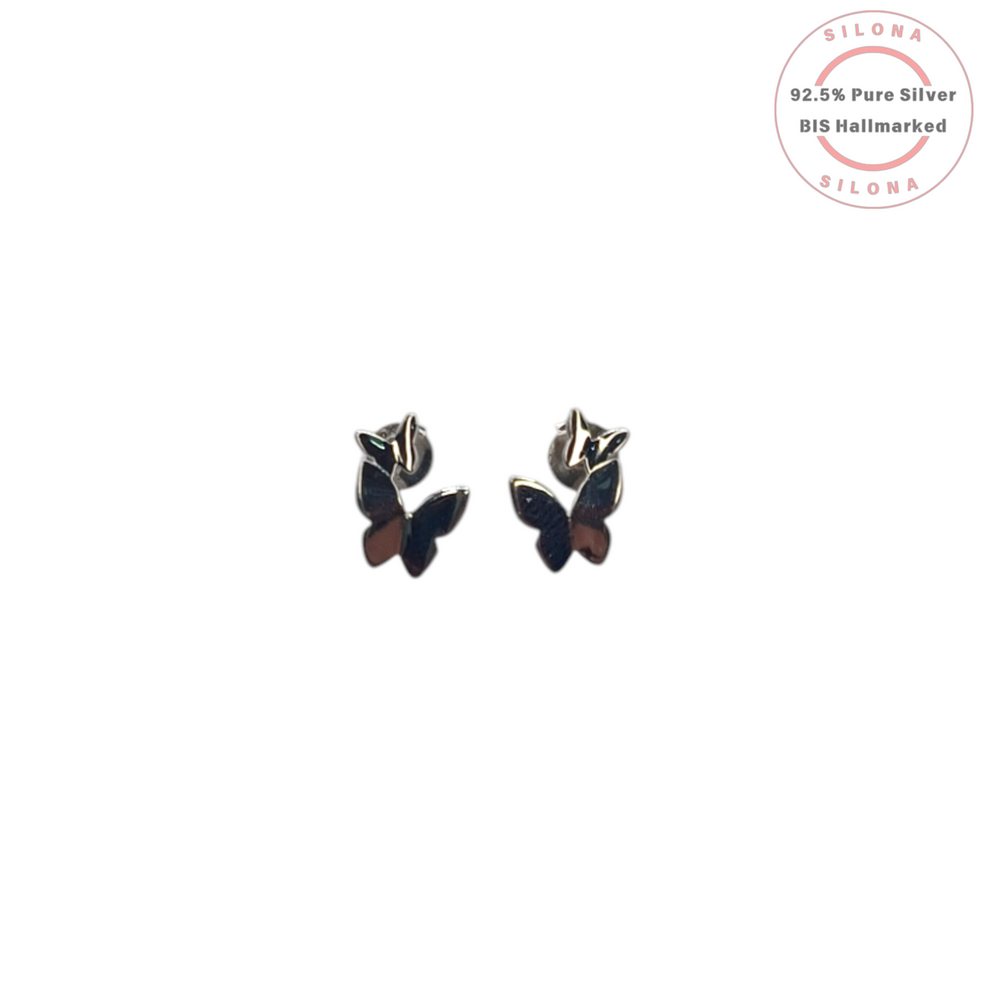 A pair of Silona's Minimalist Butterfly Stud Earrings in 92.5 pure silver, shown on a white background.