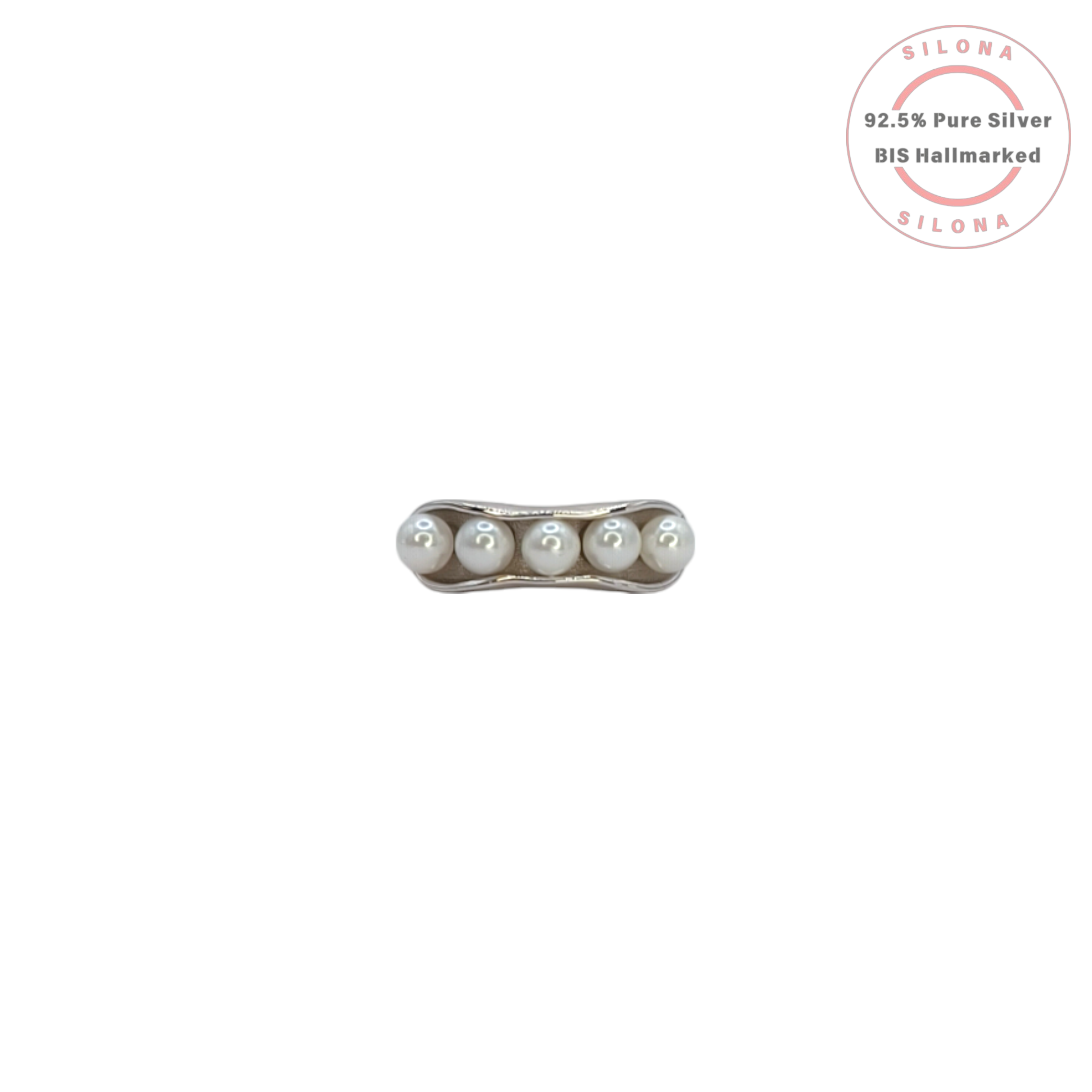 Silona's Minimalist Five Pearl Pod Ring in 92.5 sterling silver, top-down view on a white background.