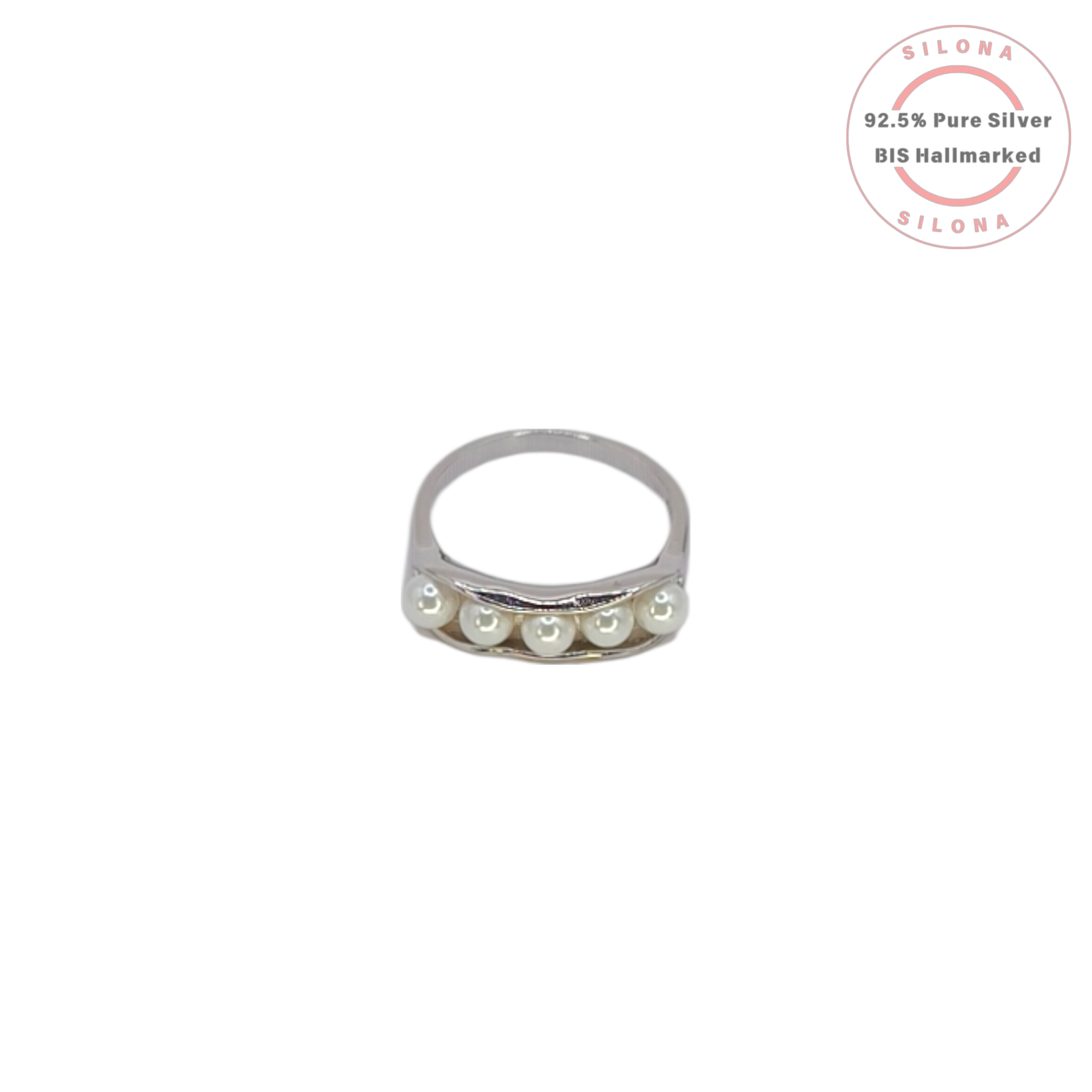 Silona's Minimalist Five Pearl Pod Ring in 92.5 sterling silver, top-down view on a white background.
