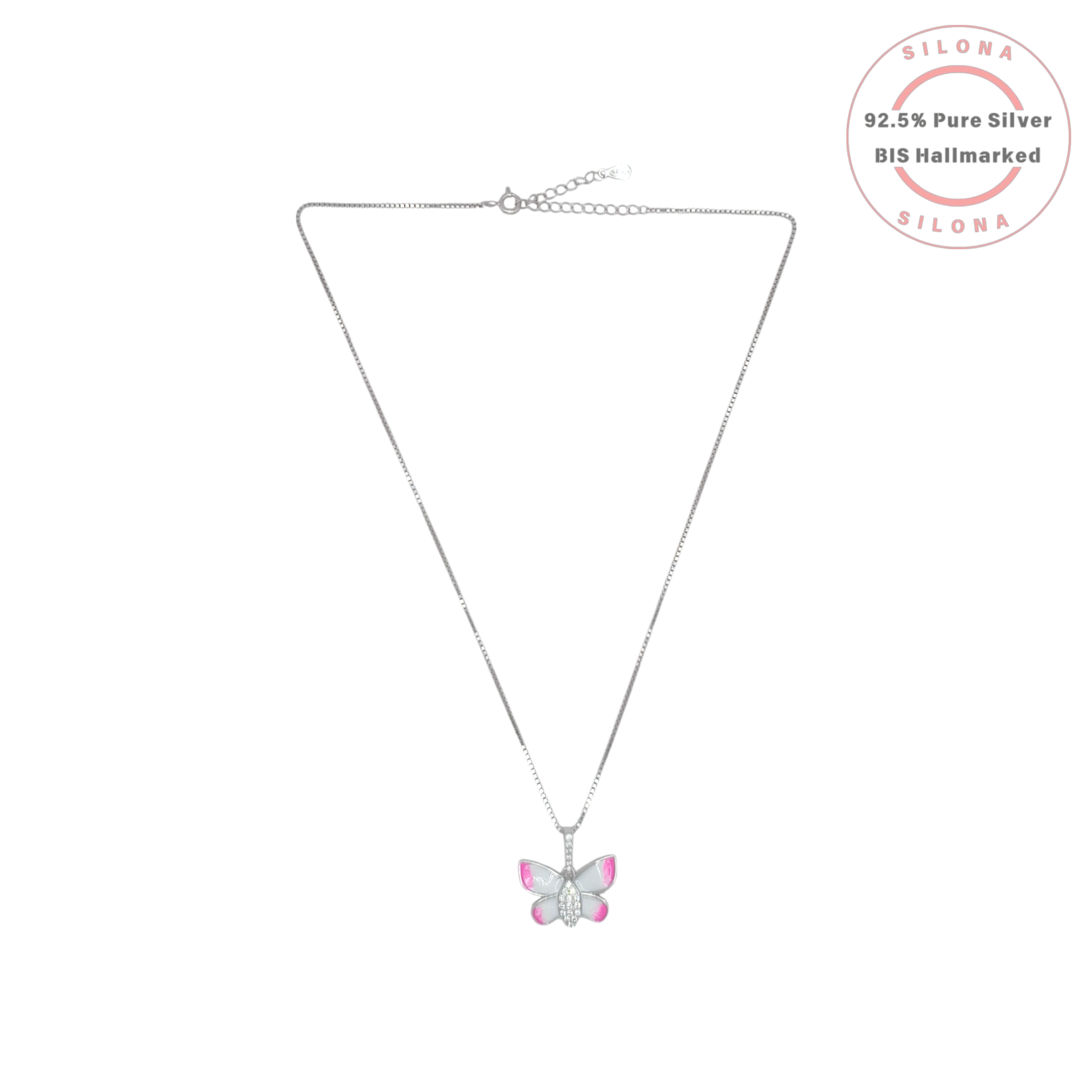 Silona Pink and White Enamel Butterfly Necklace in 92.5 Sterling Silver on a box chain, front view.