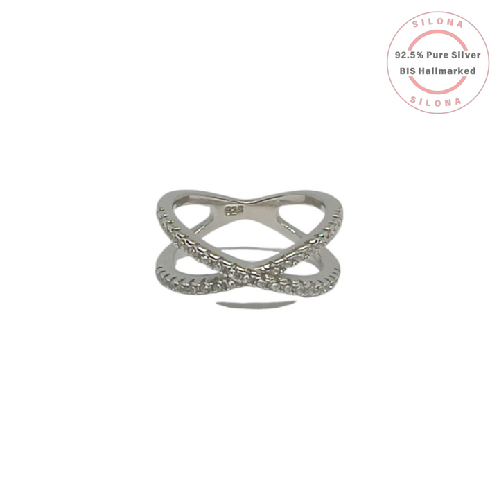 Front view of the Silona Pave Criss-Cross Infinity Ring in 92.5 sterling silver, featuring pave-set cubic zirconia stones on a white background.