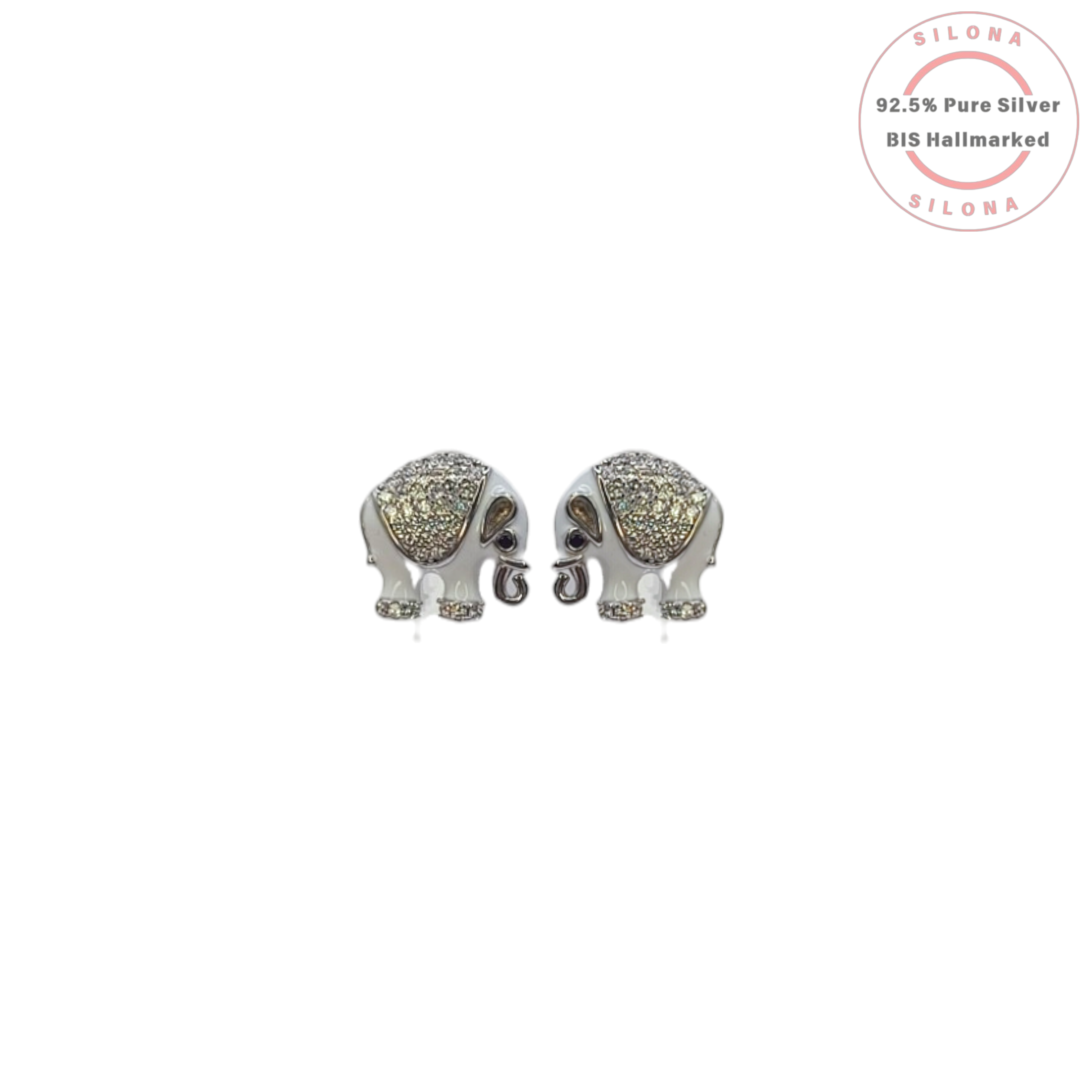 A pair of Silona pavé enamel elephant stud earrings in 92.5 silver with white enamel body and cubic zirconia details, on a white background.