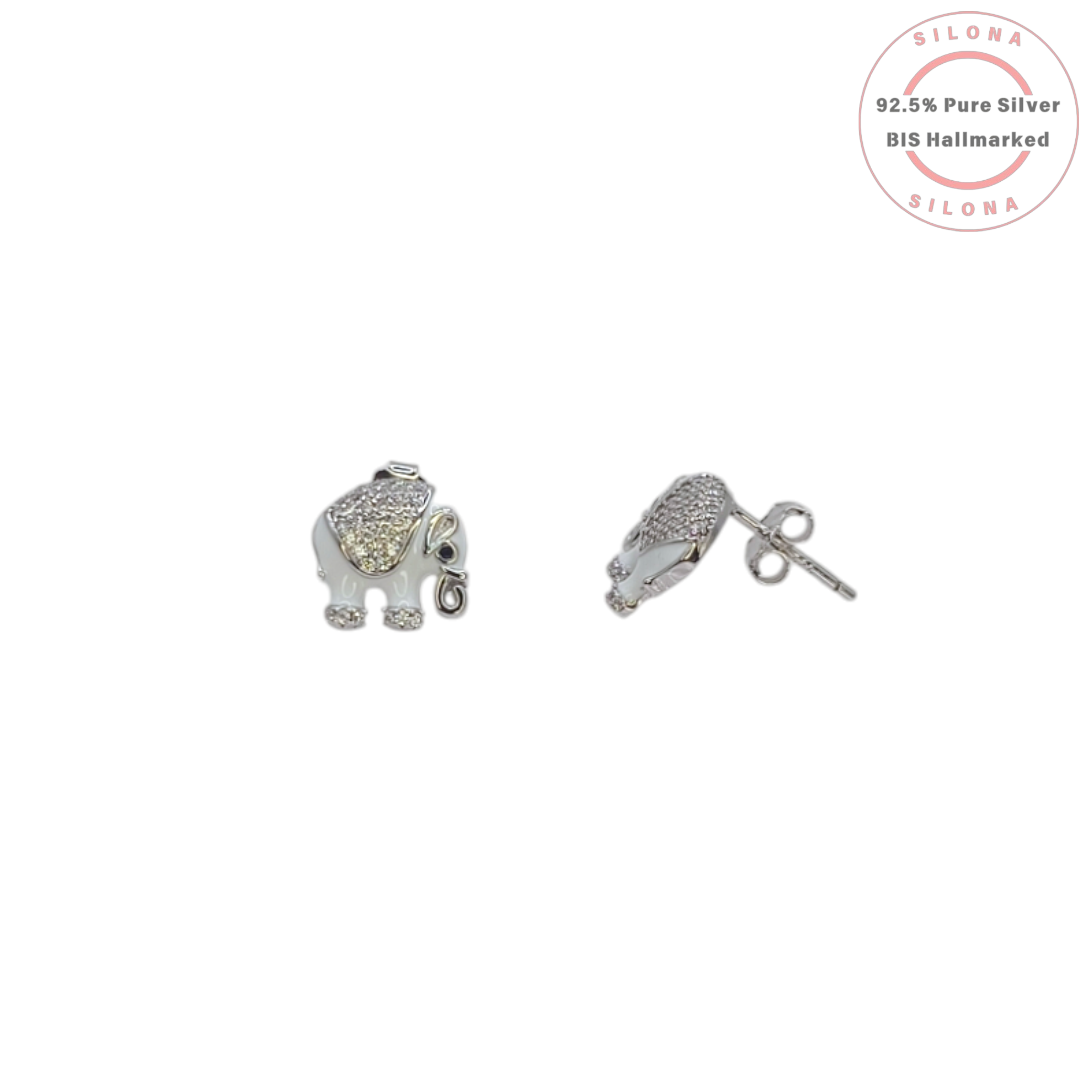 A pair of Silona pavé enamel elephant stud earrings in 92.5 silver with white enamel body and cubic zirconia details, on a white background.