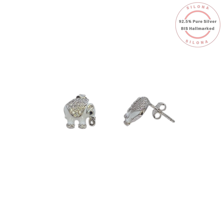 A pair of Silona pavé enamel elephant stud earrings in 92.5 silver with white enamel body and cubic zirconia details, on a white background.