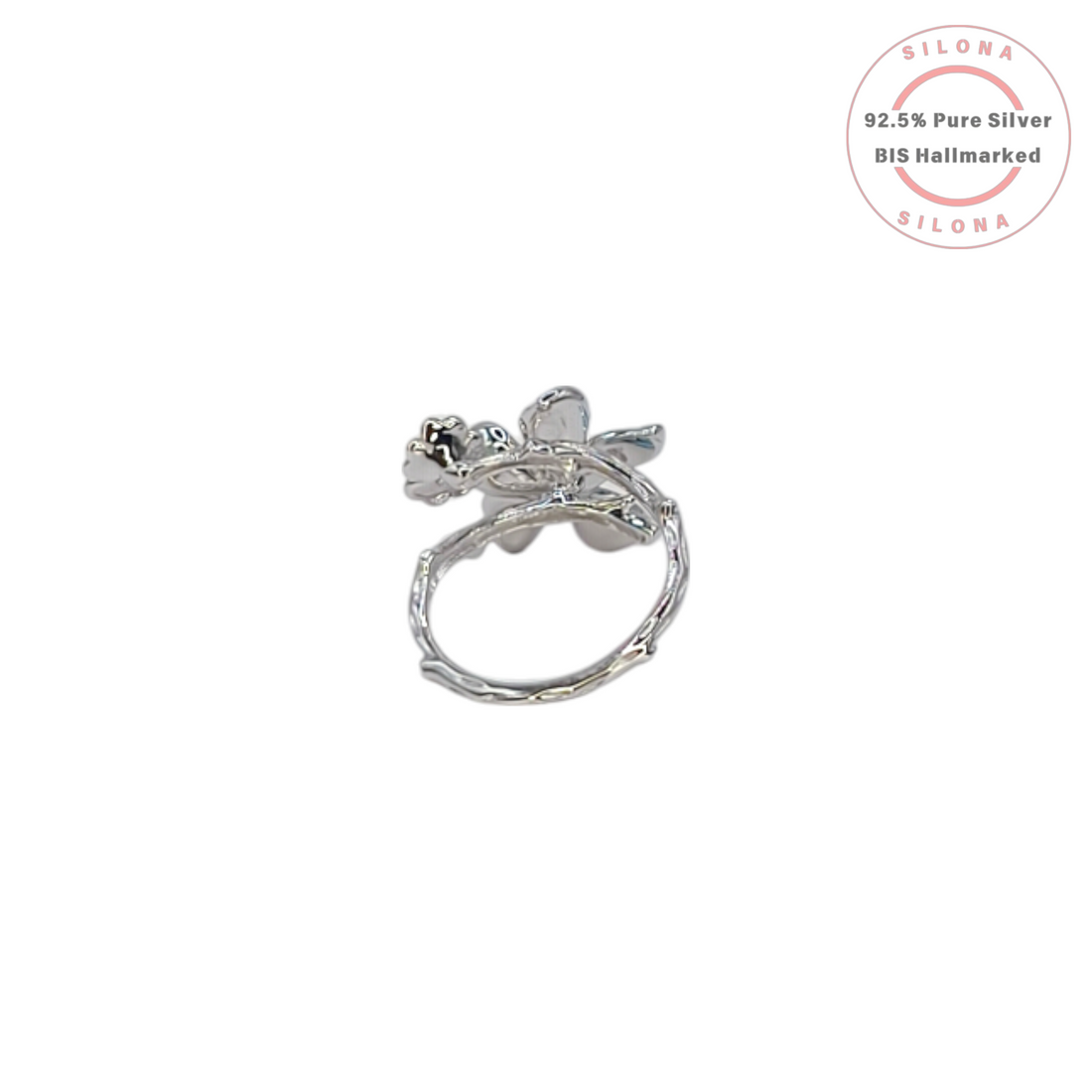Silona Enchanted Floral Cluster Ring in 92.5 pure silver, featuring a textured branch band and a cluster of blossoms.