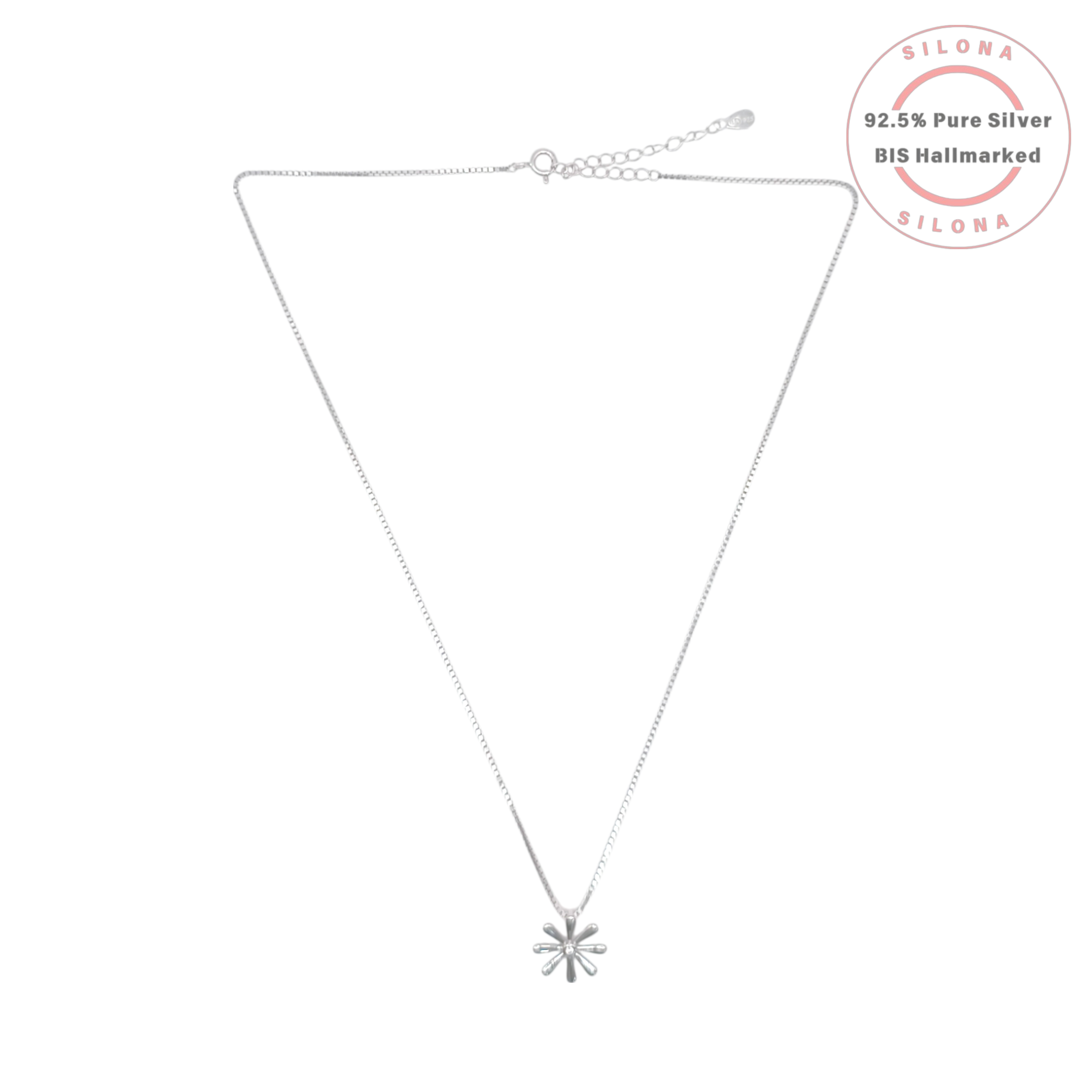 Silona's Minimalist Daisy Pendant Necklace in 92.5 pure silver, featuring a delicate box chain and a small flower-shaped pendant on a white background.
