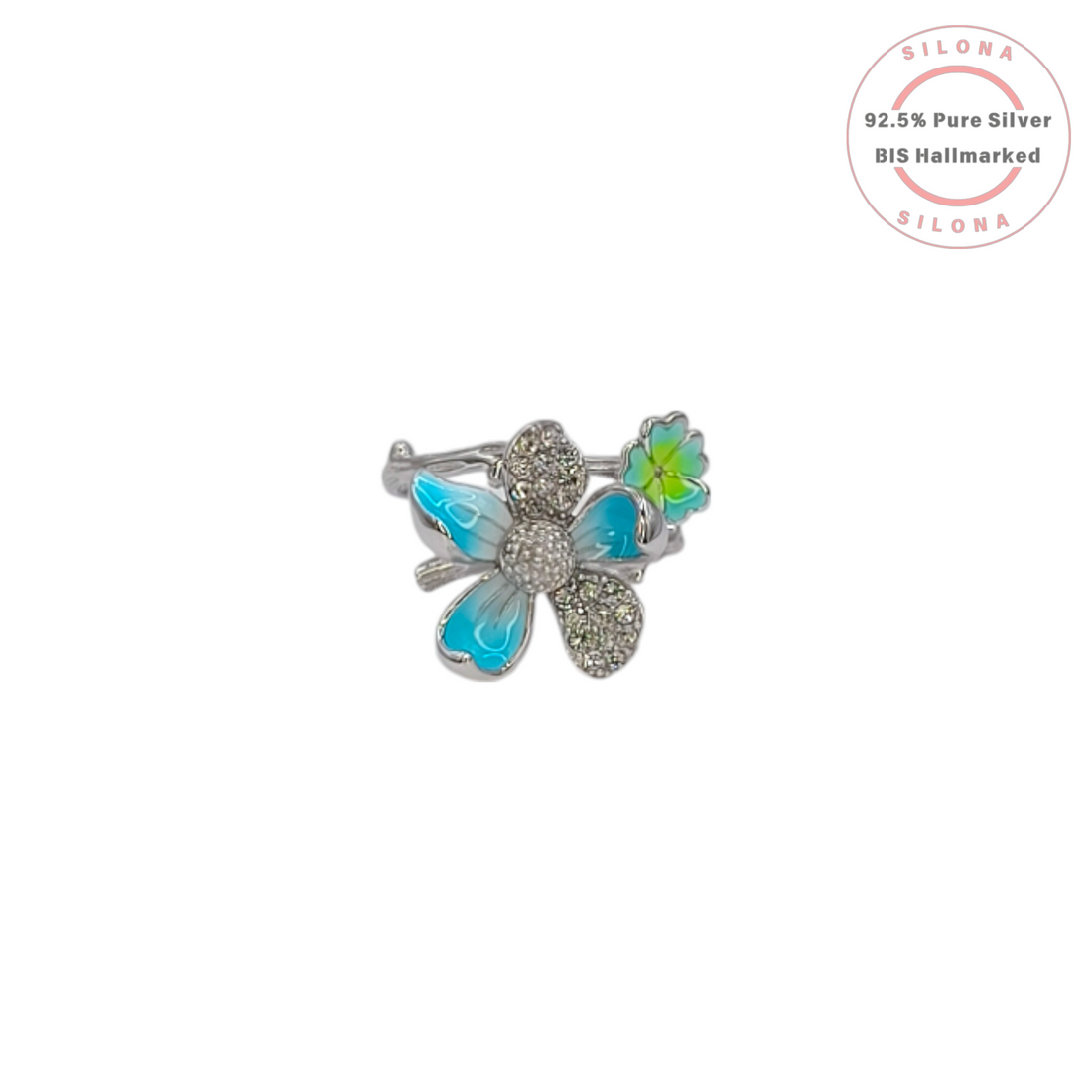 Silona Enchanted Floral Cluster Ring in 92.5 pure silver, featuring a textured branch band and a cluster of blossoms.