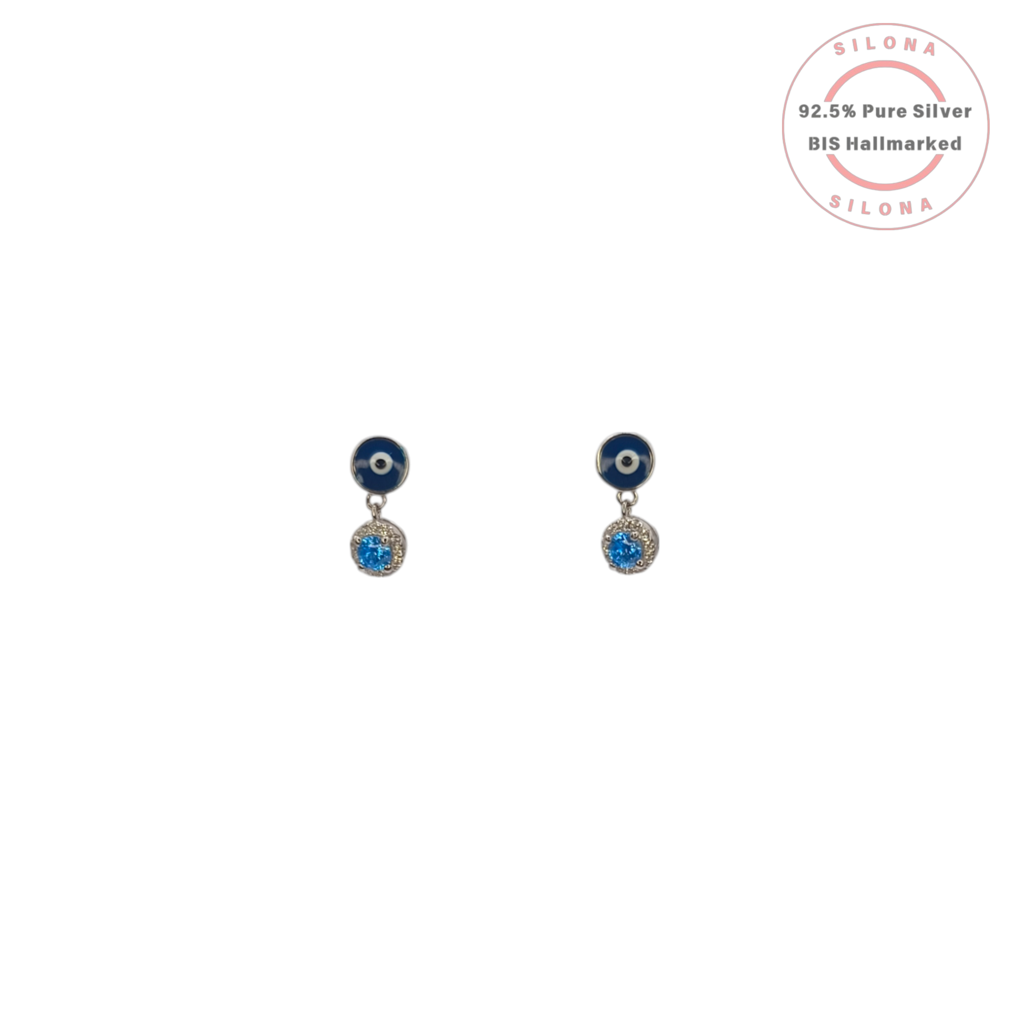 A pair of Evil Eye drop earrings in 92.5 sterling silver, featuring a blue enamel stud and a dangling halo charm with a blue topaz-hued stone.