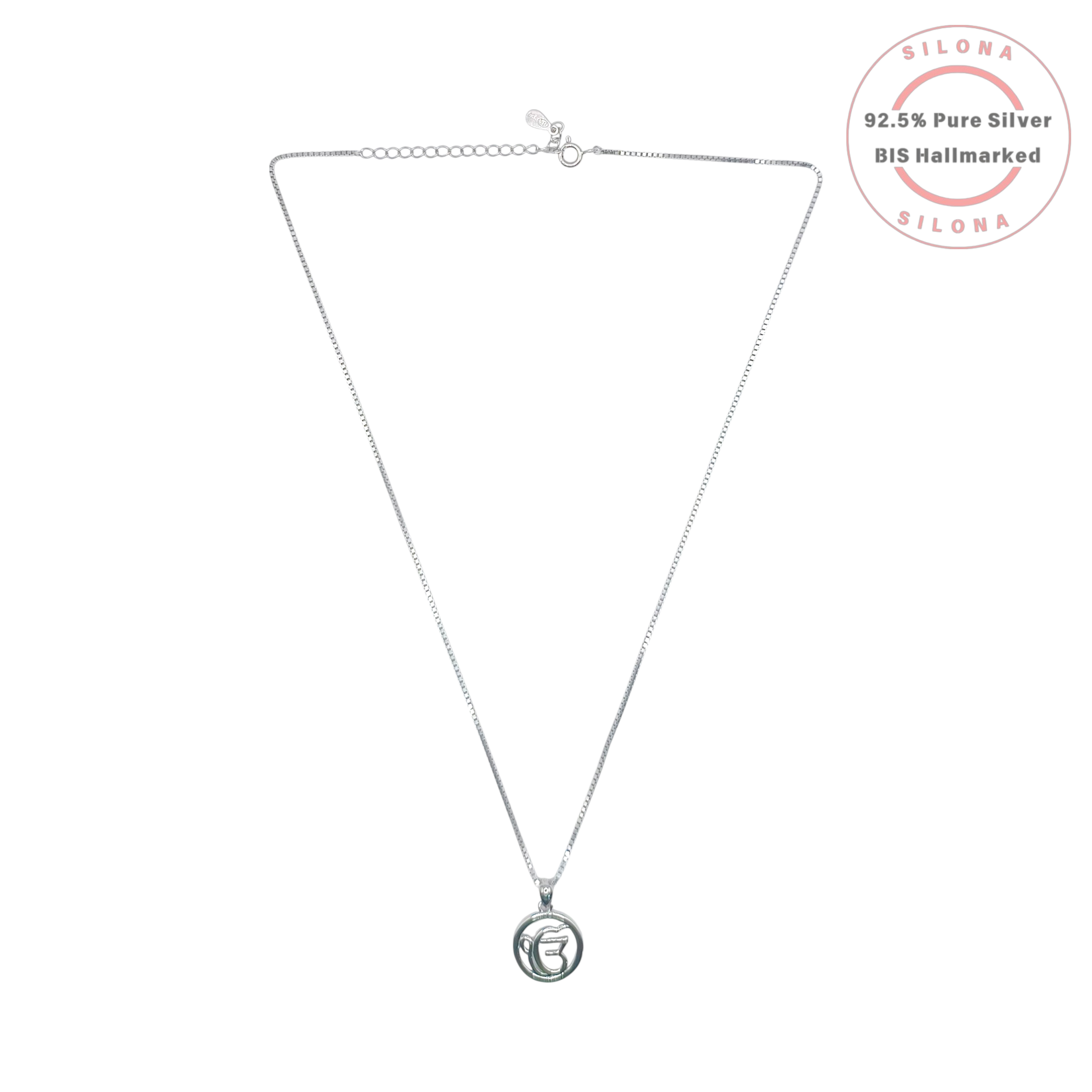Silona Ek Onkar pendant necklace in pure 92.5 silver, featuring the Sikh spiritual symbol in a circular frame on a silver box chain.