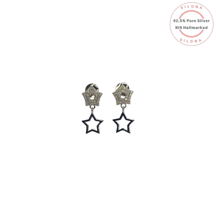 A pair of Silona's Sparkling Double Star Earrings, featuring a cubic zirconia-paved star stud with a dangling open star charm, crafted in 92.5 silver on a white background.