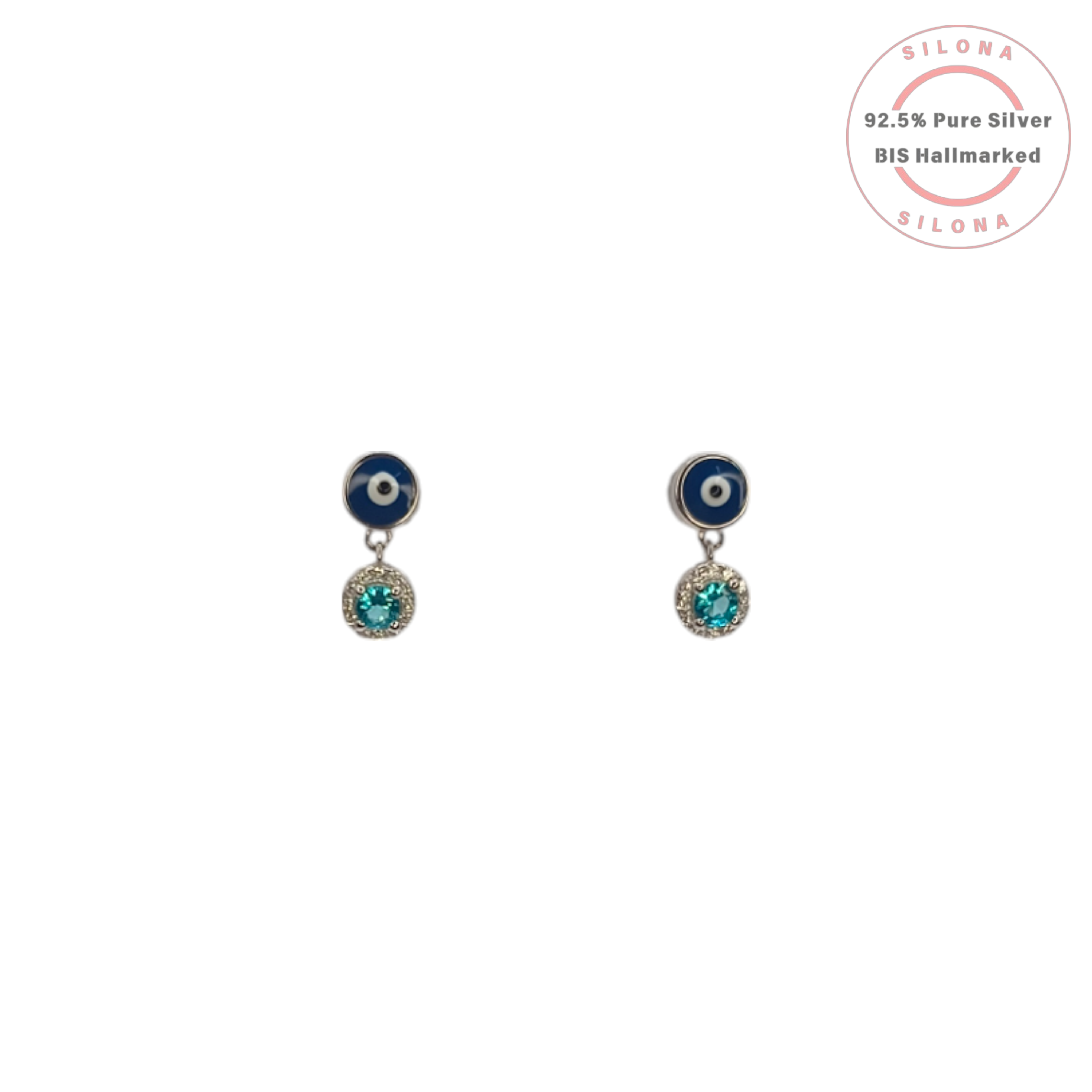 A pair of Silona's Enamel Evil Eye Drop Earrings, featuring a blue evil eye stud and a dangling aqua cubic zirconia halo, crafted in pure 92.5 silver on a white background.