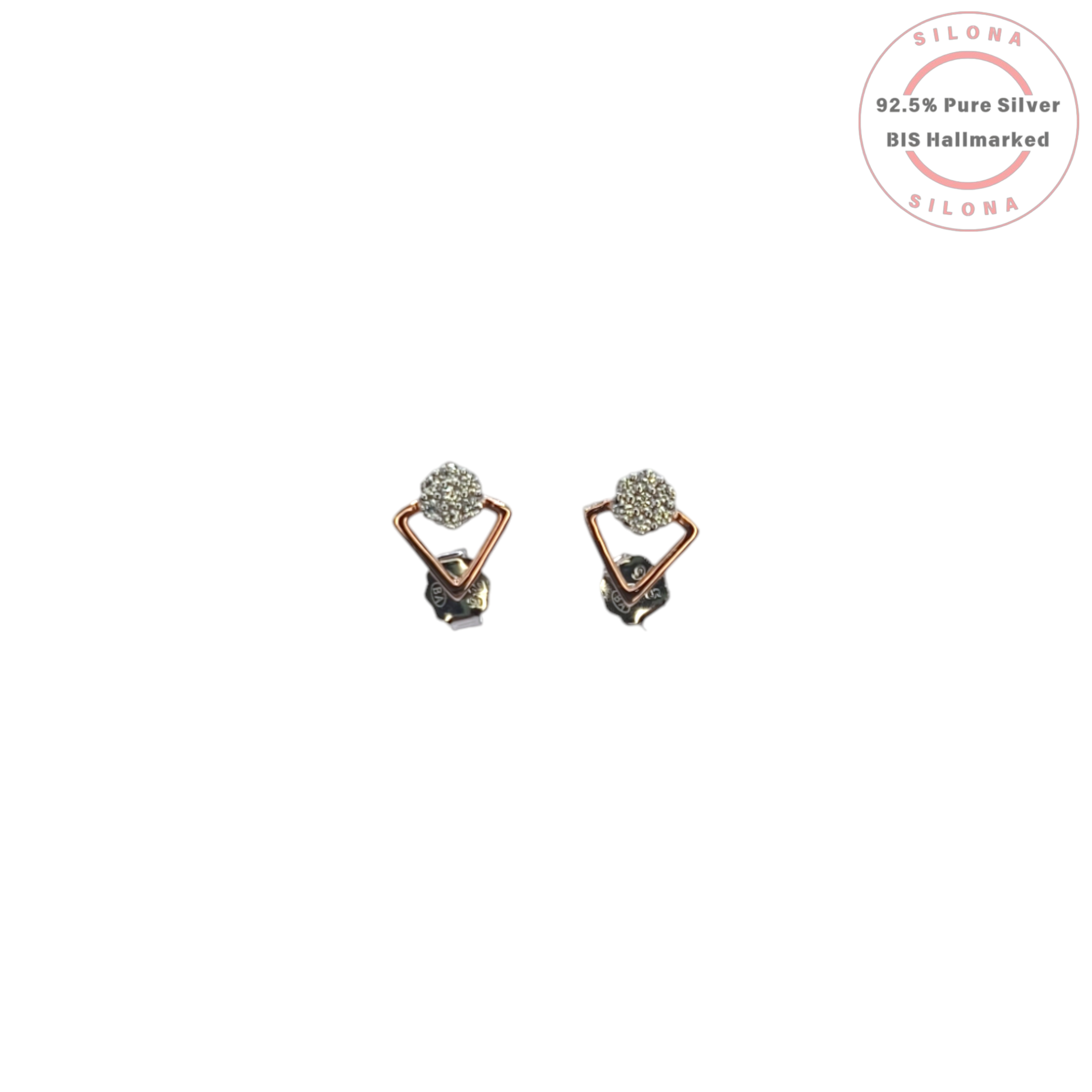 A pair of geometric stud earrings with a rose-gold plated kite frame and a pavé cubic zirconia cluster, made from 92.5 silver, on a white background.