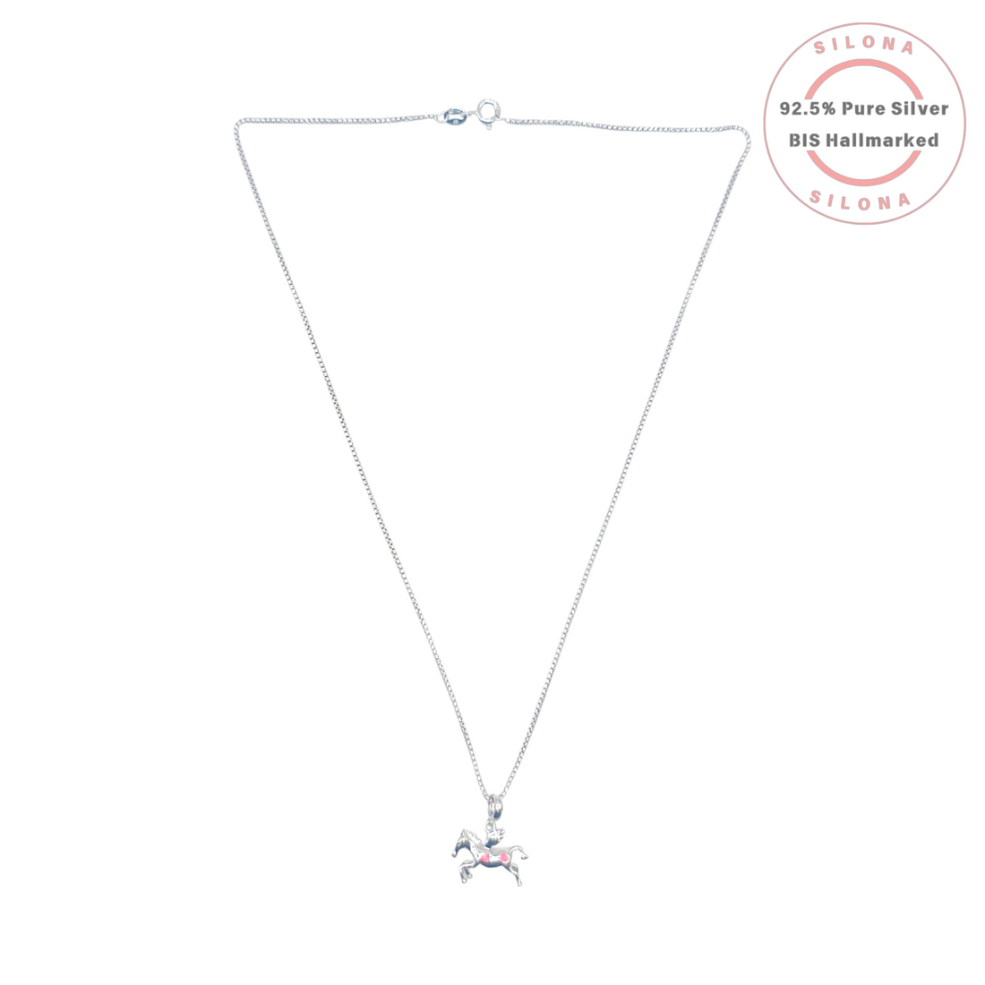 Silona Whimsical Unicorn Necklace in 92.5 silver with pink enamel details, suspended on a delicate silver chain against a white background.