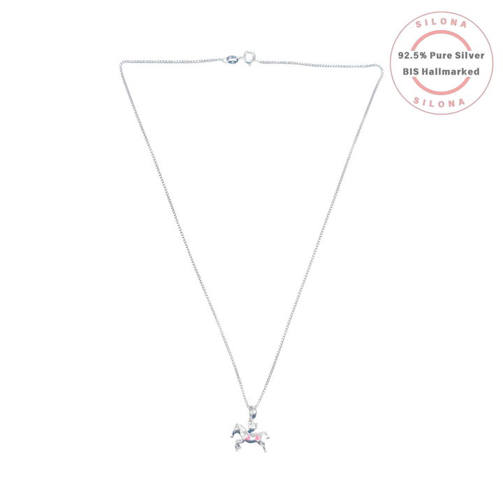 Silona Whimsical Unicorn Necklace in 92.5 silver with pink enamel details, suspended on a delicate silver chain against a white background.