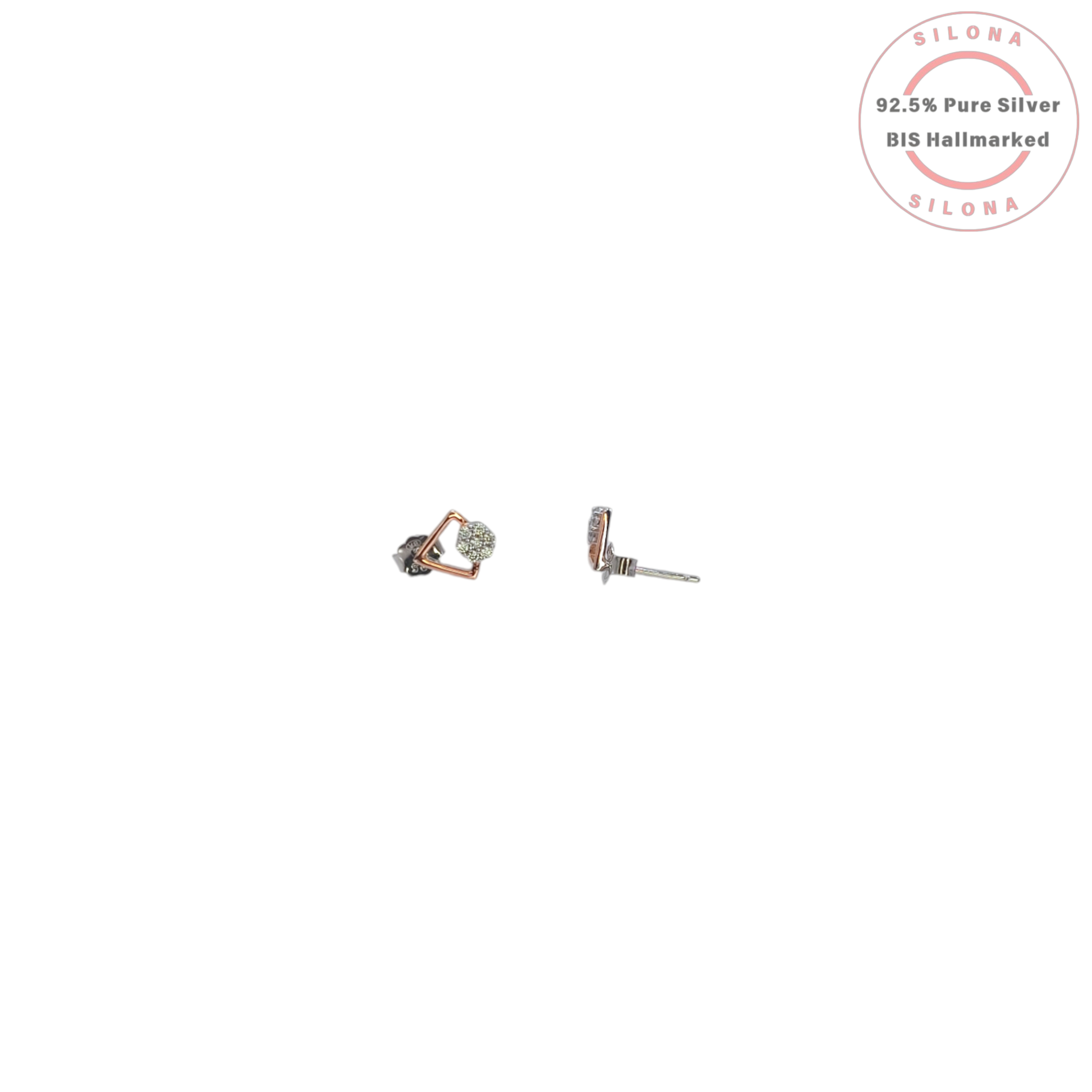 A pair of geometric stud earrings with a rose-gold plated kite frame and a pavé cubic zirconia cluster, made from 92.5 silver, on a white background.