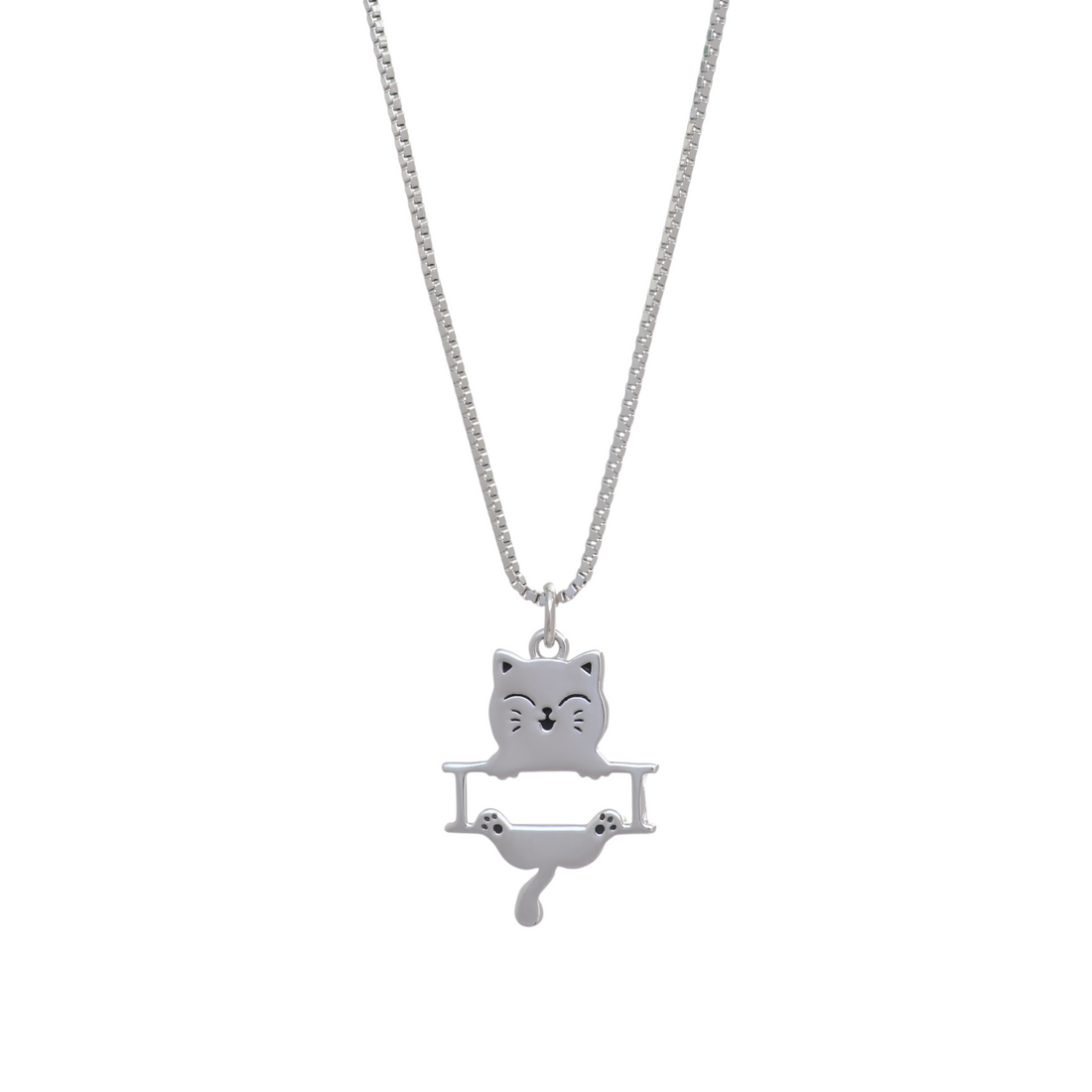Silver chain necklace with a cut-out pendant of a smiling cat holding onto a bar with its dangling paws and tail.