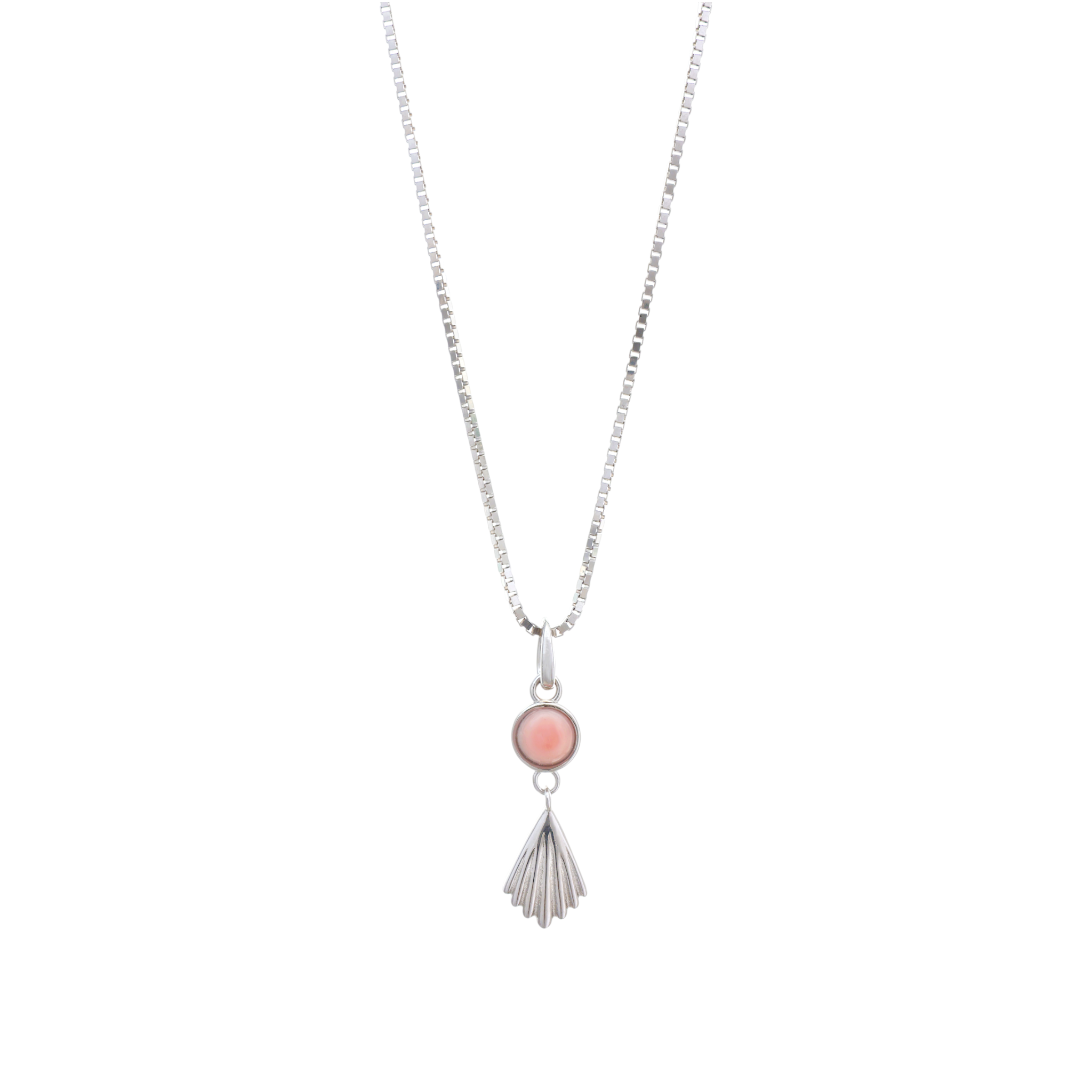 A silver box chain necklace displaying a pendant with a round pink cabochon above a ribbed silver fan shell drop.