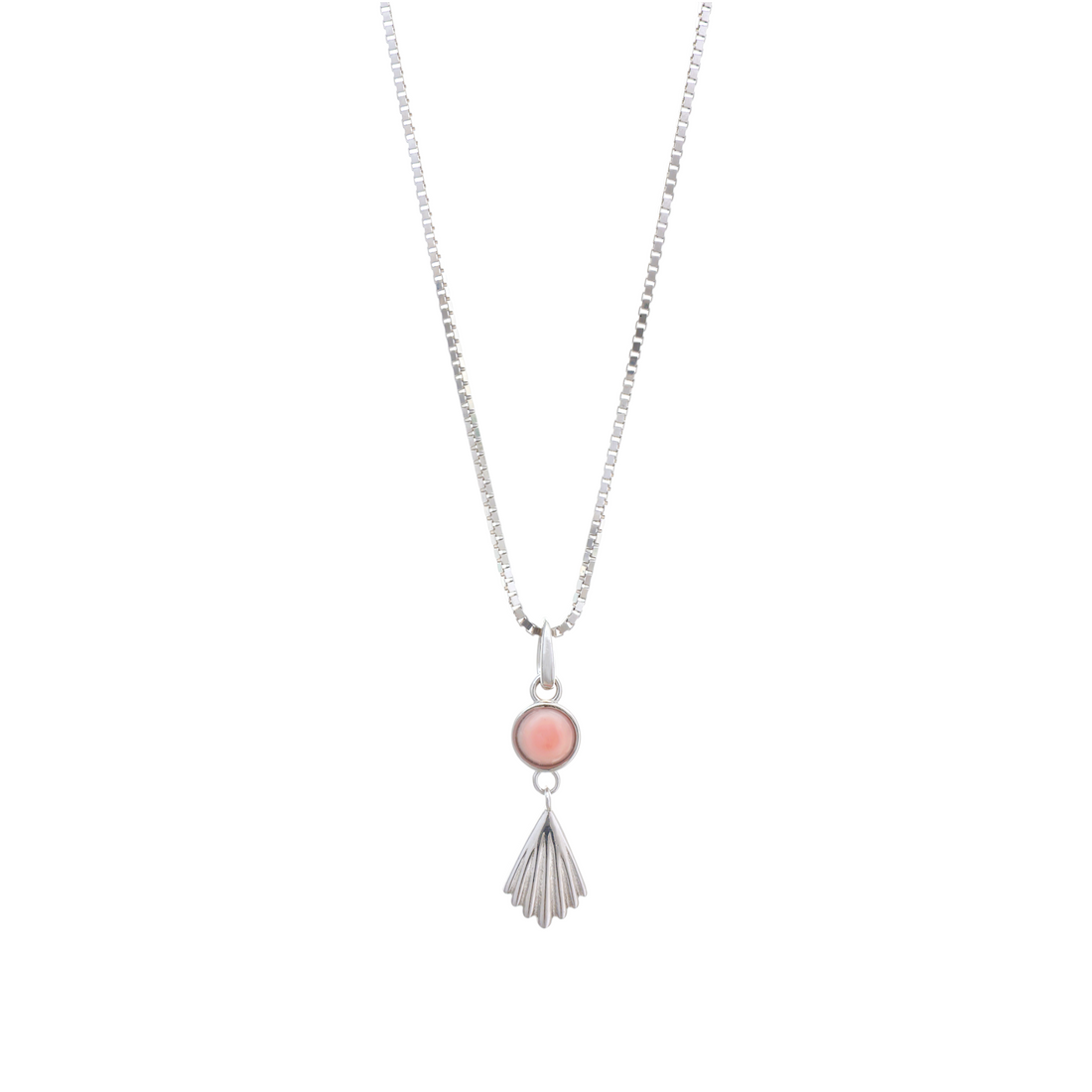 A silver box chain necklace displaying a pendant with a round pink cabochon above a ribbed silver fan shell drop.