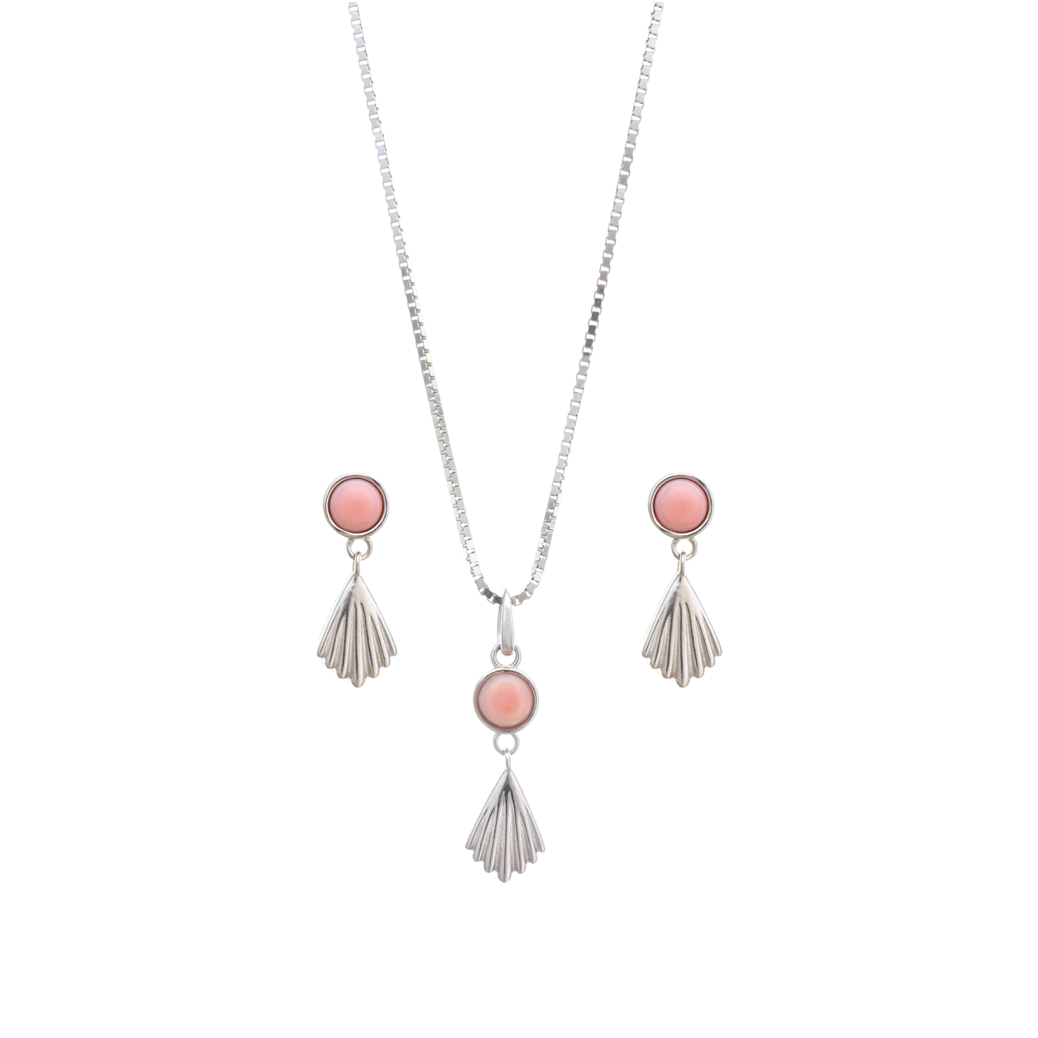 A silver box chain necklace displaying a pendant with a round pink cabochon above a ribbed silver fan shell drop.