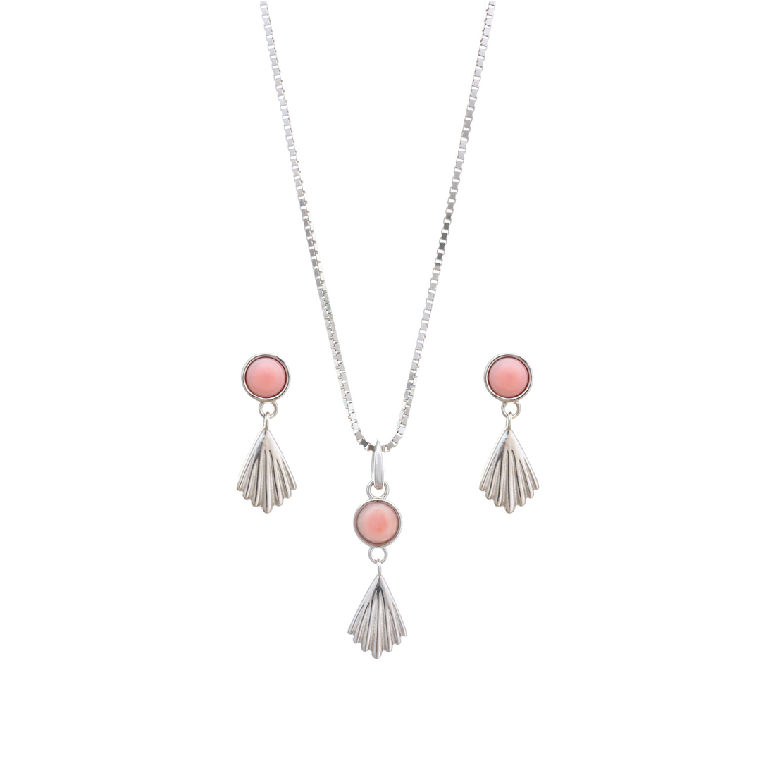 A silver box chain necklace displaying a pendant with a round pink cabochon above a ribbed silver fan shell drop.