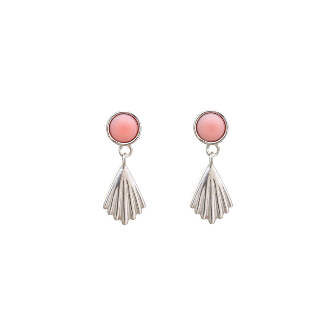 A silver box chain necklace displaying a pendant with a round pink cabochon above a ribbed silver fan shell drop.