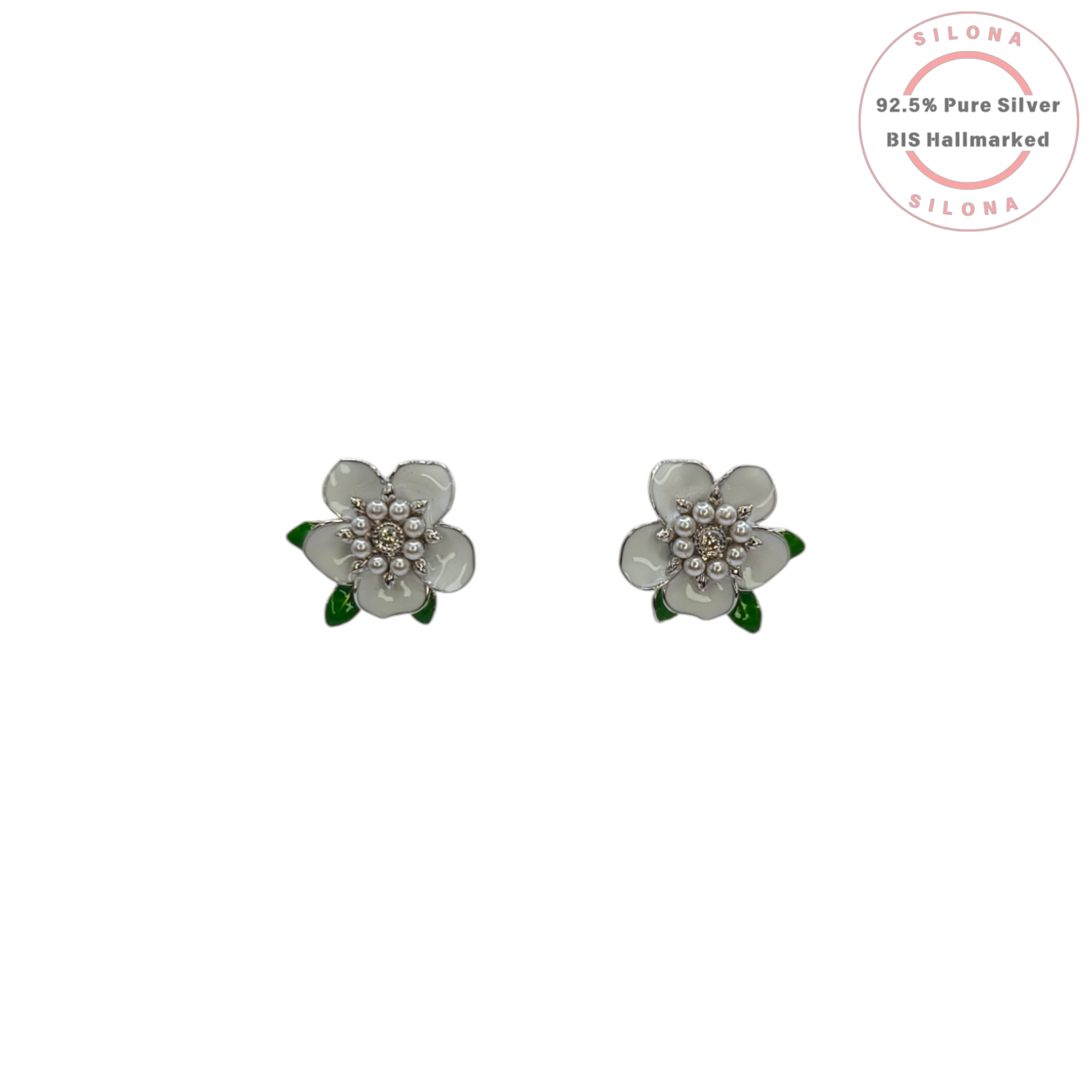 Pair of Enamel Blossom Stud Earrings in 92.5 Silver, featuring white flower petals, green leaves, and a pearl and cubic zirconia center, on a white background.