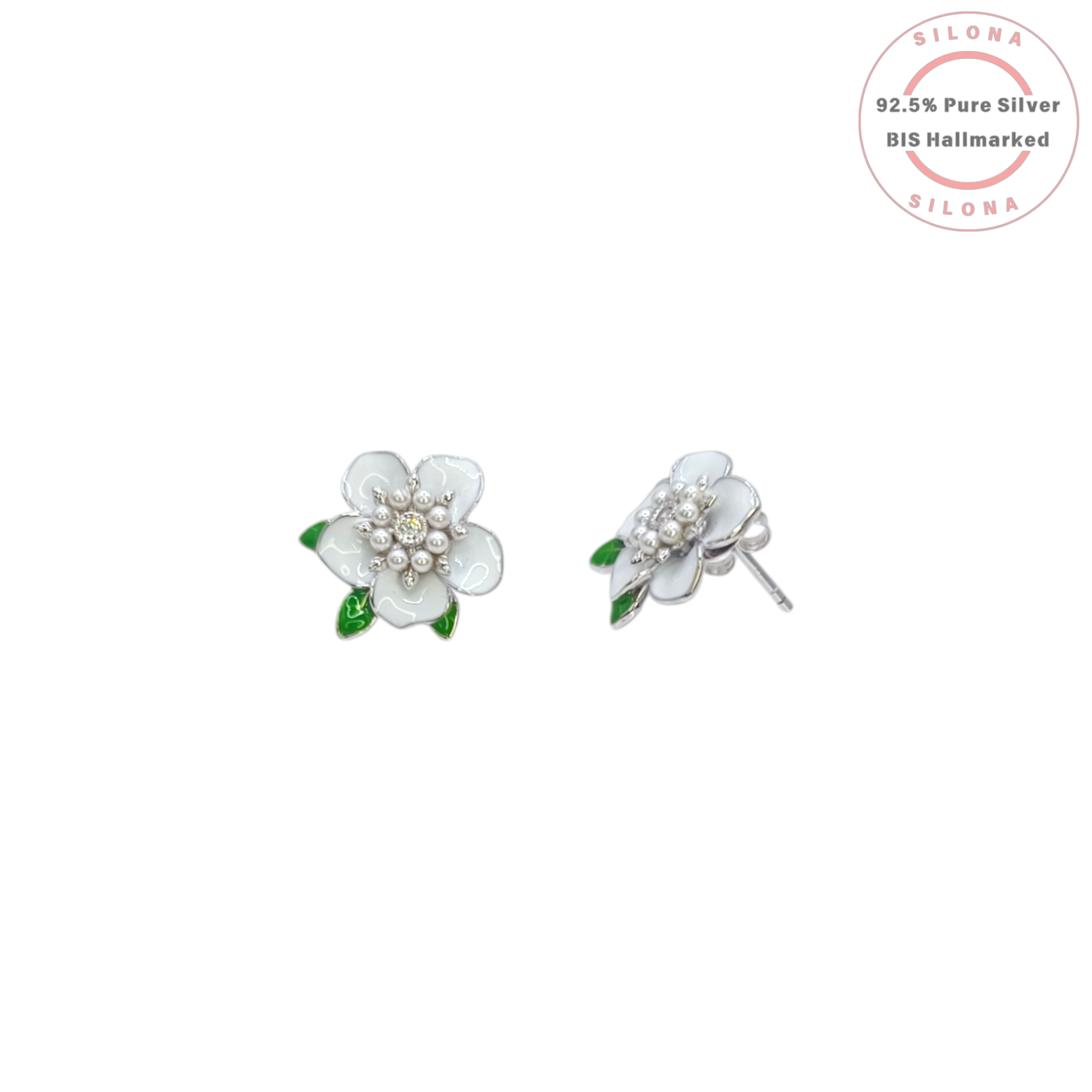 Pair of Enamel Blossom Stud Earrings in 92.5 Silver, featuring white flower petals, green leaves, and a pearl and cubic zirconia center, on a white background.