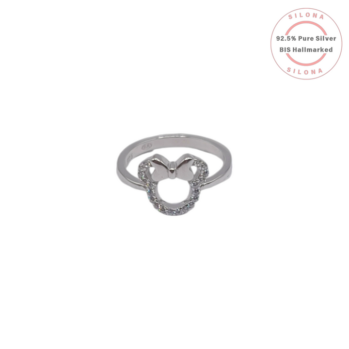 Silona's Whimsical Mouse Pavé Ring in sterling silver, featuring a mouse silhouette outlined in cubic zirconia with a bow, on a white background.