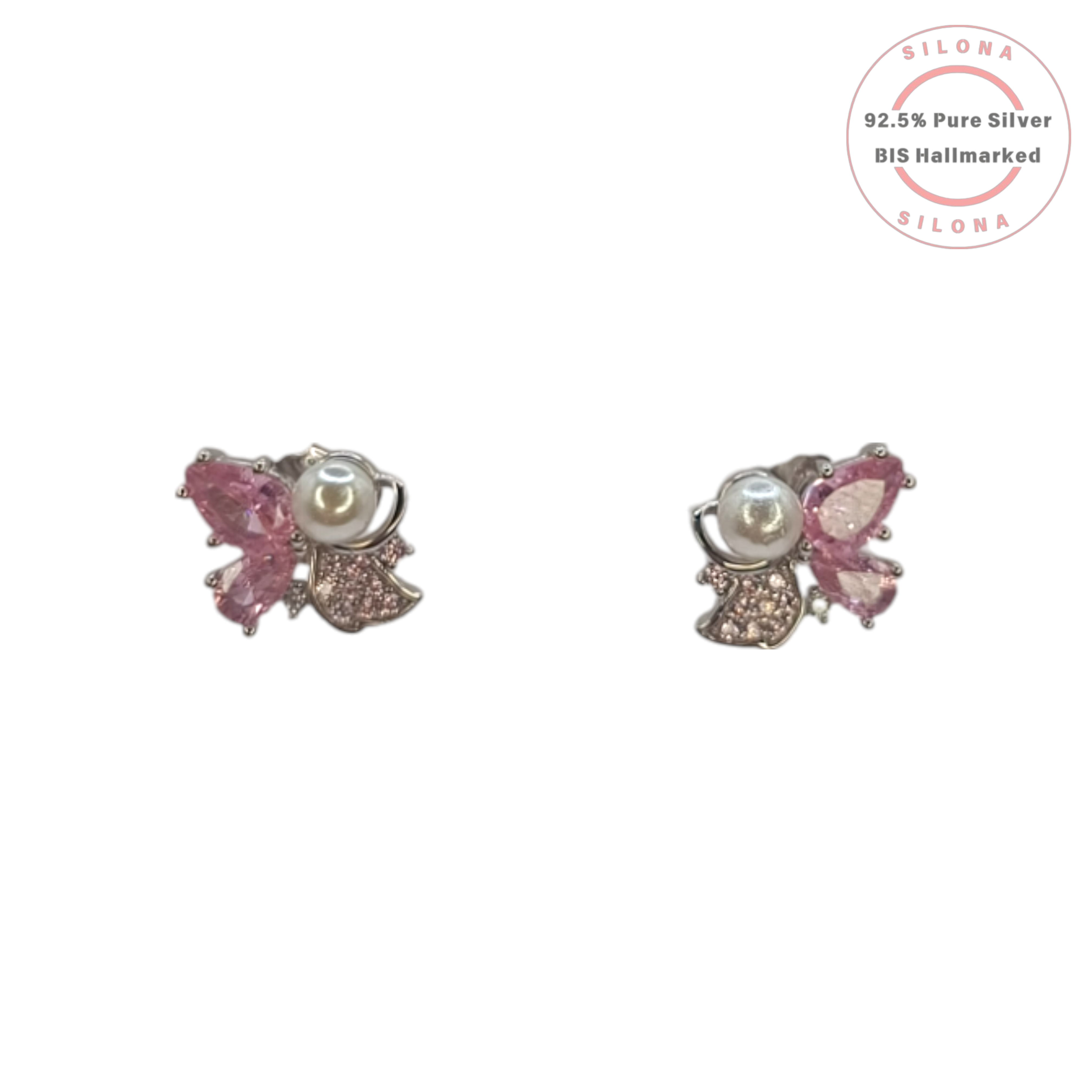 A pair of Silona angel stud earrings in 92.5 silver, featuring pink marquise-cut stone wings, a pearl head, and a pavé stone body, shown on a white background.