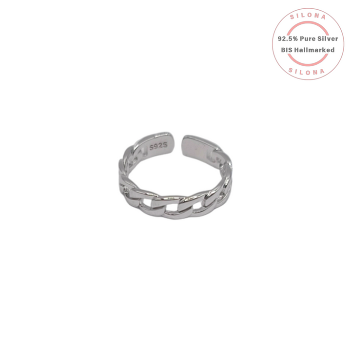 Silona Modern Curb Chain Adjustable Ring in polished 92.5 sterling silver, front view on a white background.